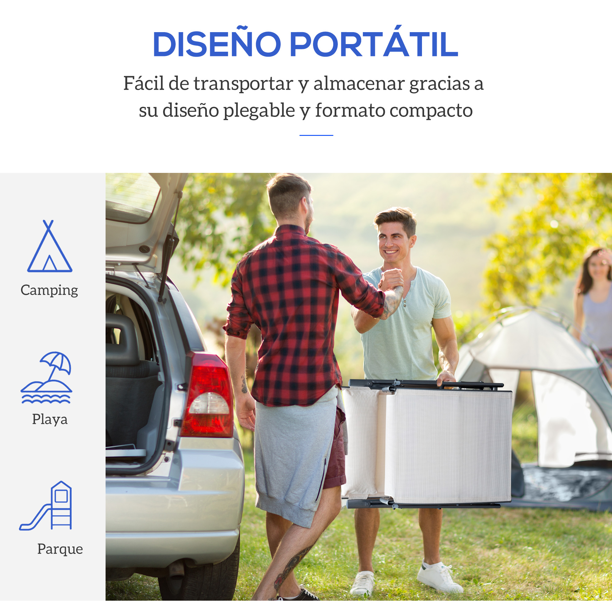 Dos hombres desembalan una silla plegable. Un coche y una tienda de campaña al fondo.