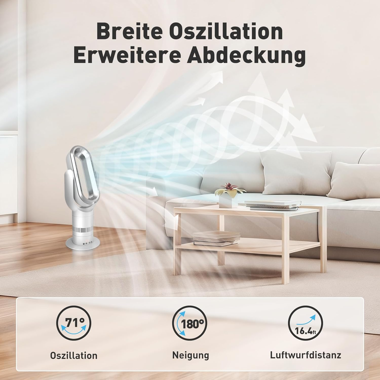 Ein moderner Ventilator mit breiter Oszillation, Neigung und 16,4 Fuß Wurfweite.