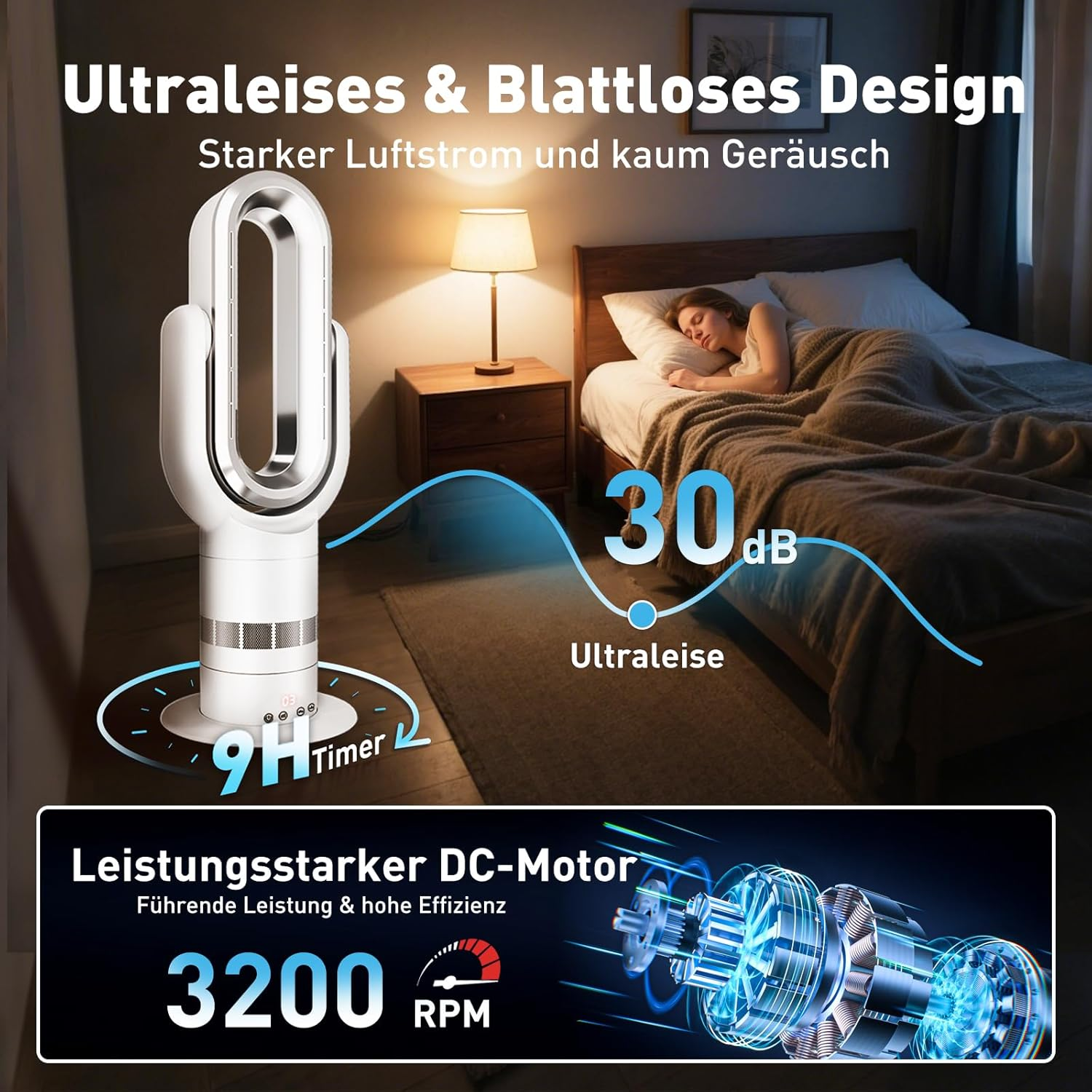 Ein leiser Turmventilator steht neben einem Bett, auf dem eine Frau schläft.