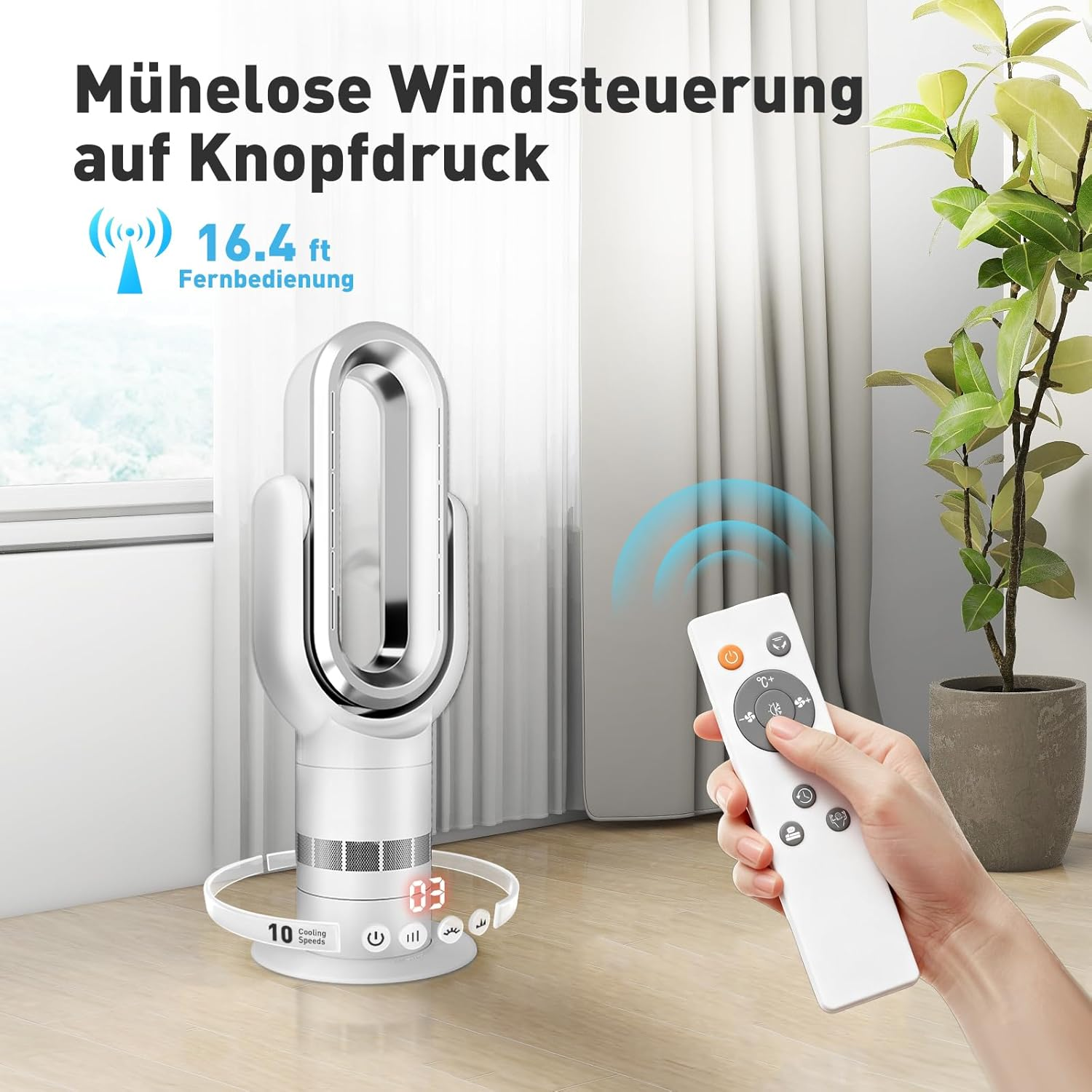 Ein weißer Turmventilator mit Fernbedienung und einem grünen Blatt in einem Topf.