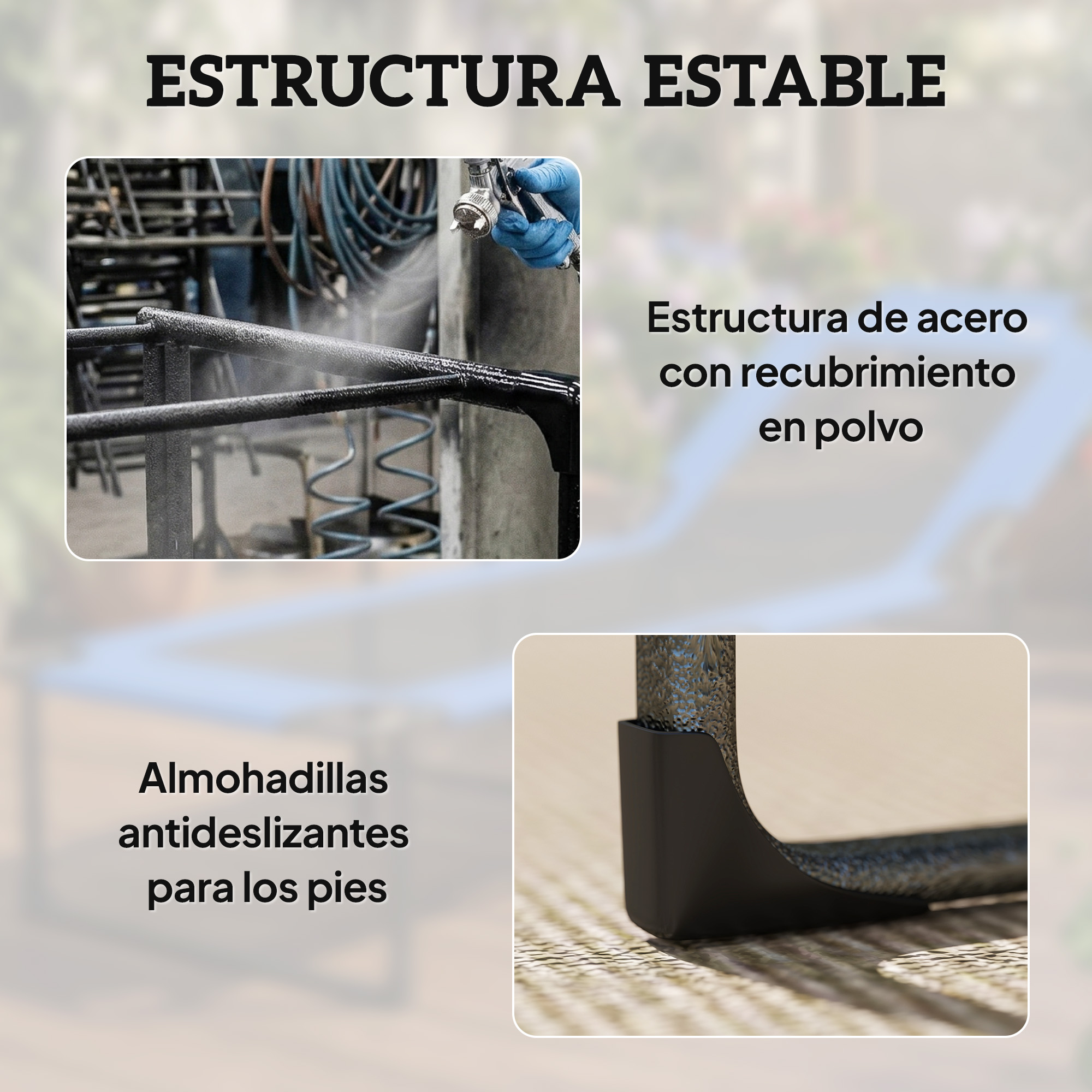 Recubrimiento en polvo de estructura metálica; primer plano de pie antideslizante.