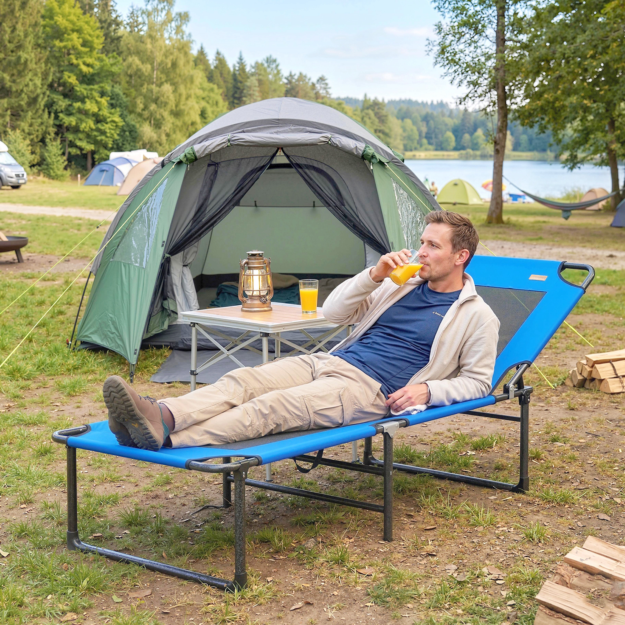 Uomo beve succo d'arancia su lettino blu vicino a tenda sul lago.