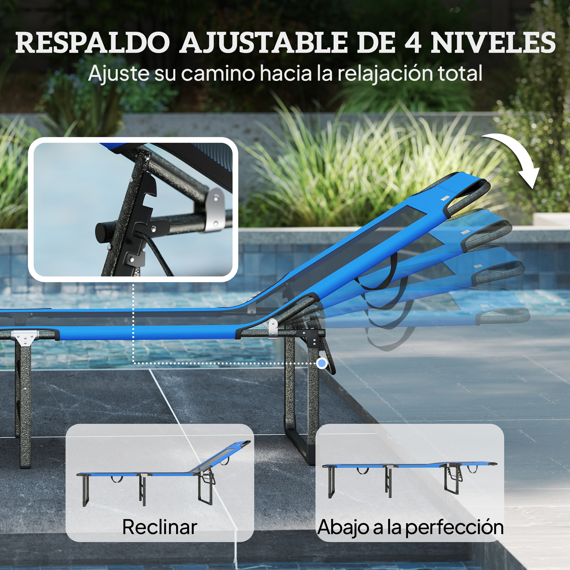 Silla azul ajustable junto a una piscina, con primer plano de los mecanismos de ajuste.