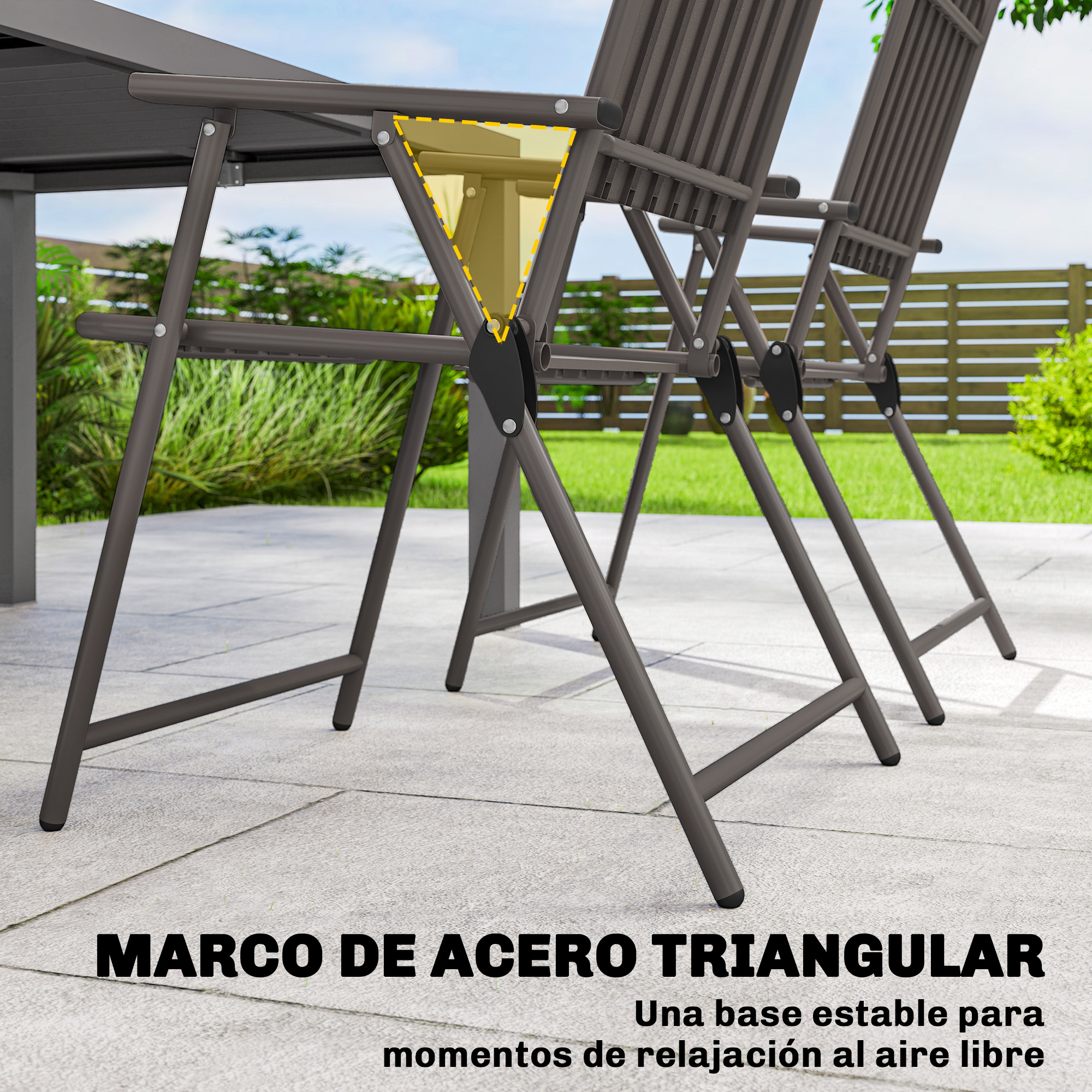 Sillas de jardín marrones con marco de acero triangular en patio de piedra.