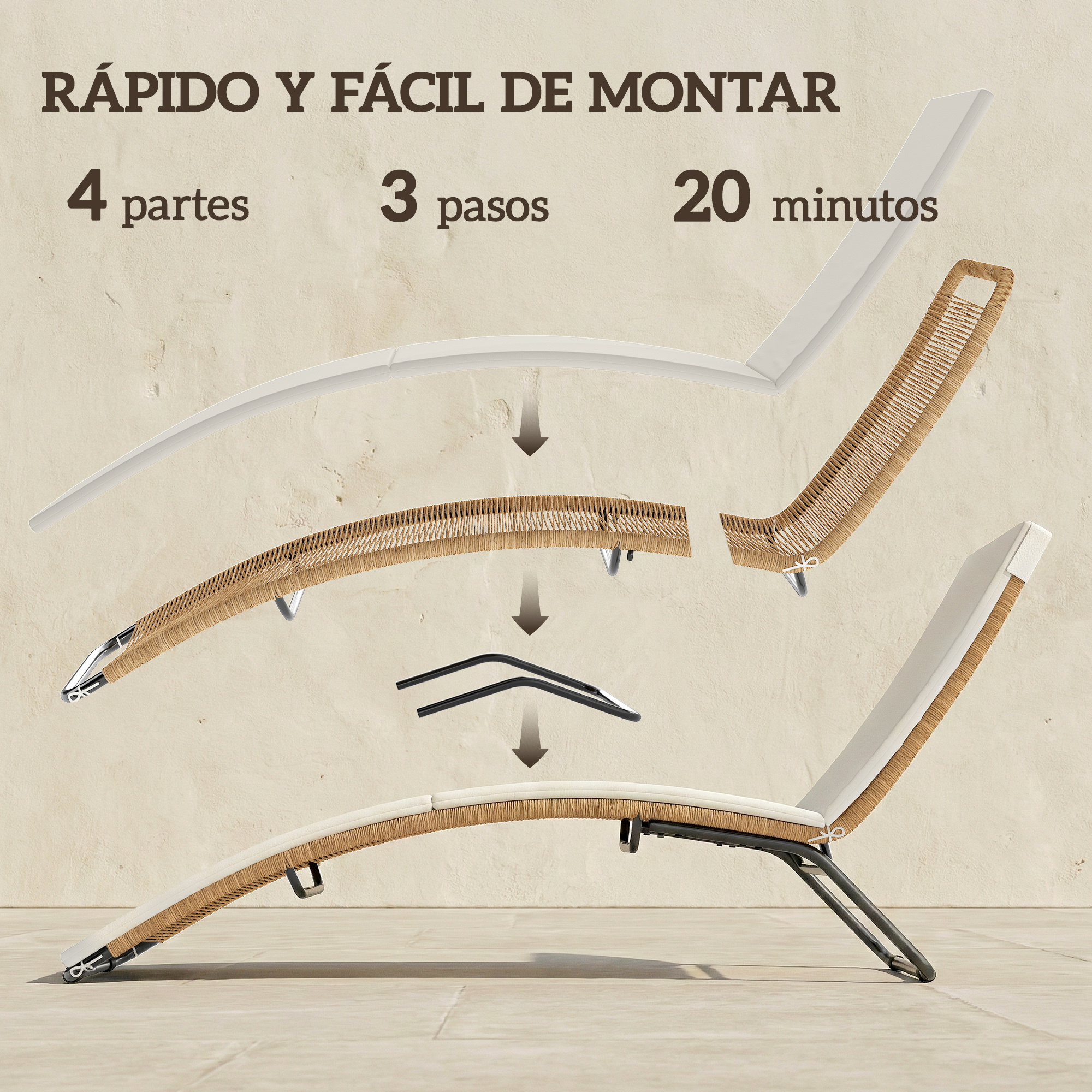 Se muestran partes de una tumbona, ensamblada en 4 partes, 3 pasos y 20 minutos.