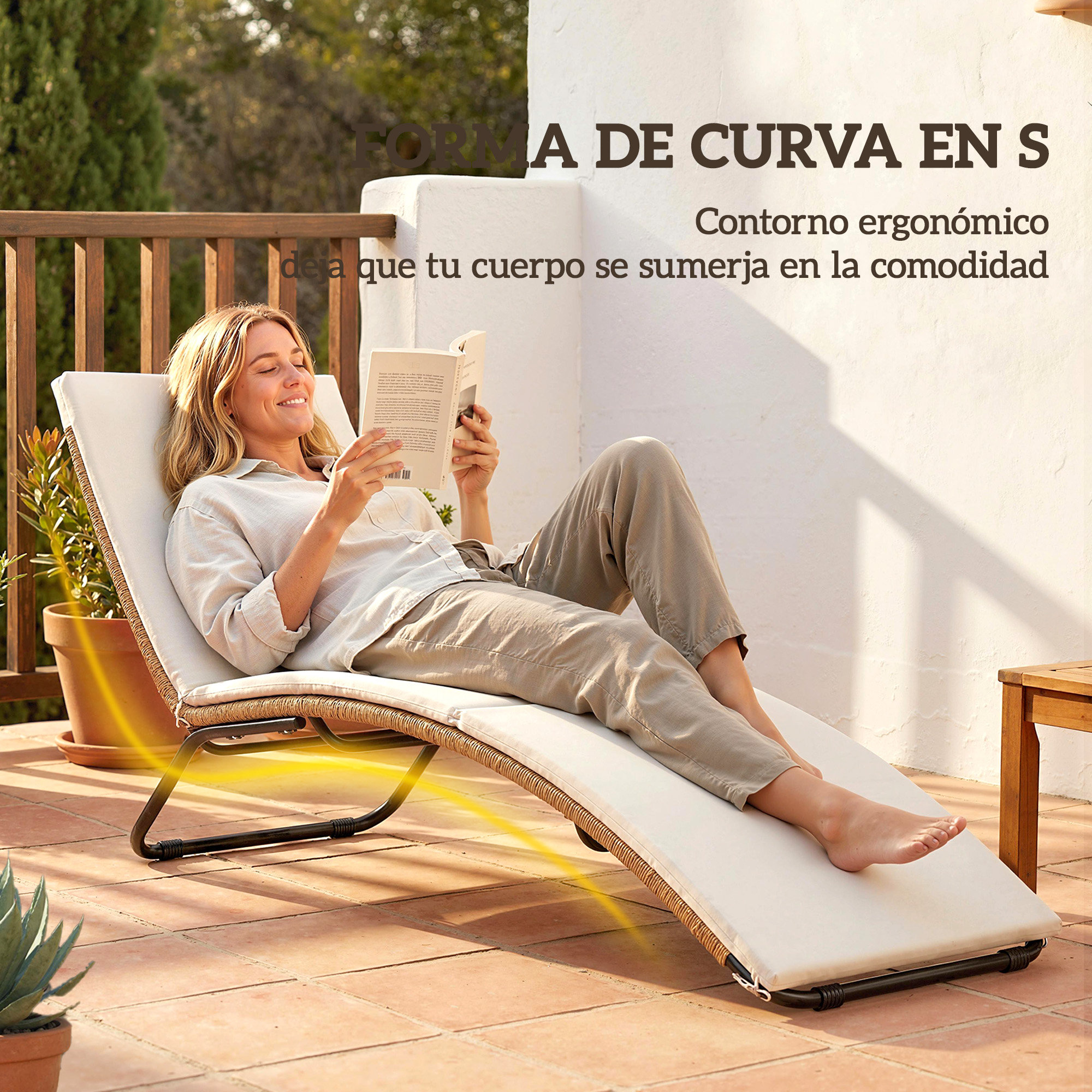 Mujer relajándose en tumbona, leyendo libro al aire libre.