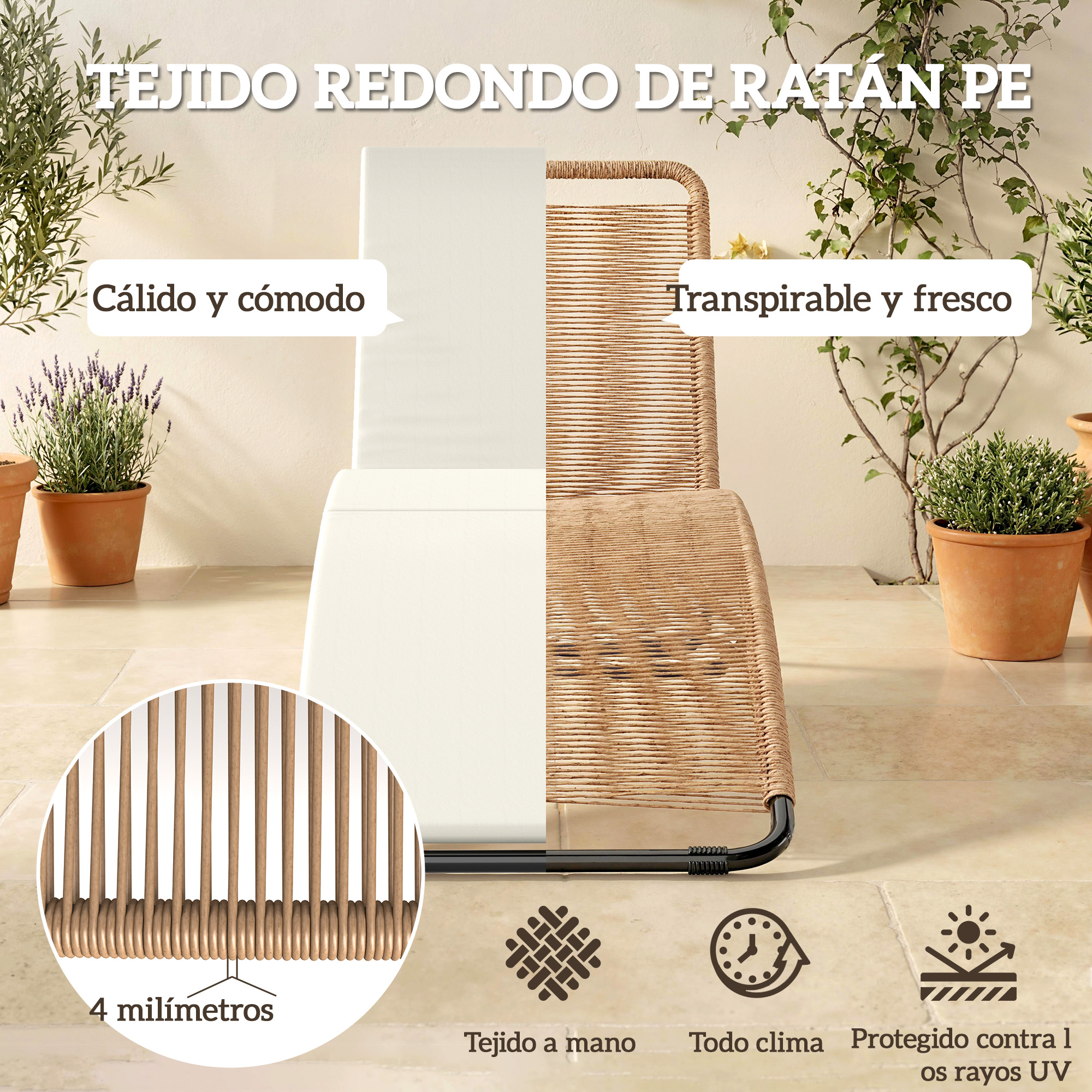 Un detalle de silla de ratán, mitad blanco, mitad tejido, con plantas al aire libre.