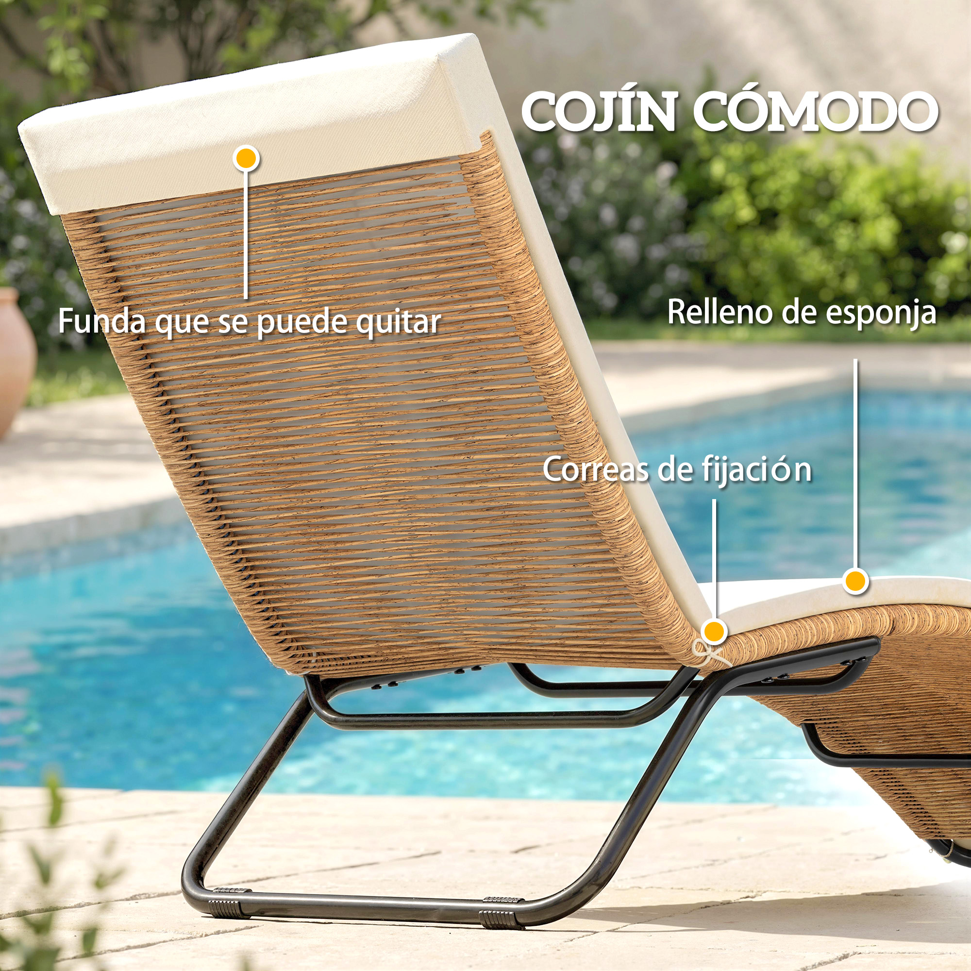 Un sillón reclinable cómodo con cojín y tejido de cuerda, piscina al fondo.
