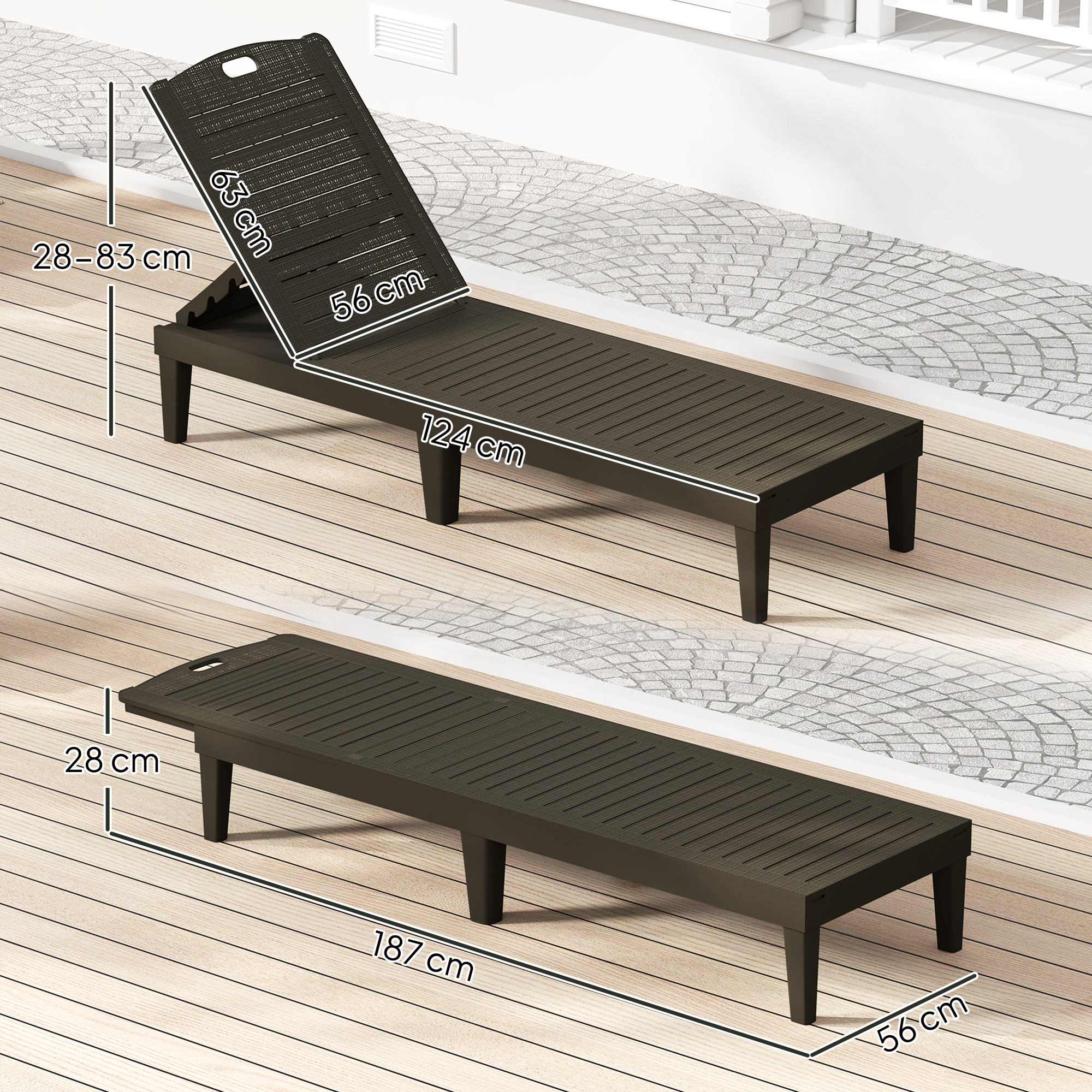 Tumbona marrón en dos posiciones con dimensiones. Ajustable de 28-83 cm de altura.