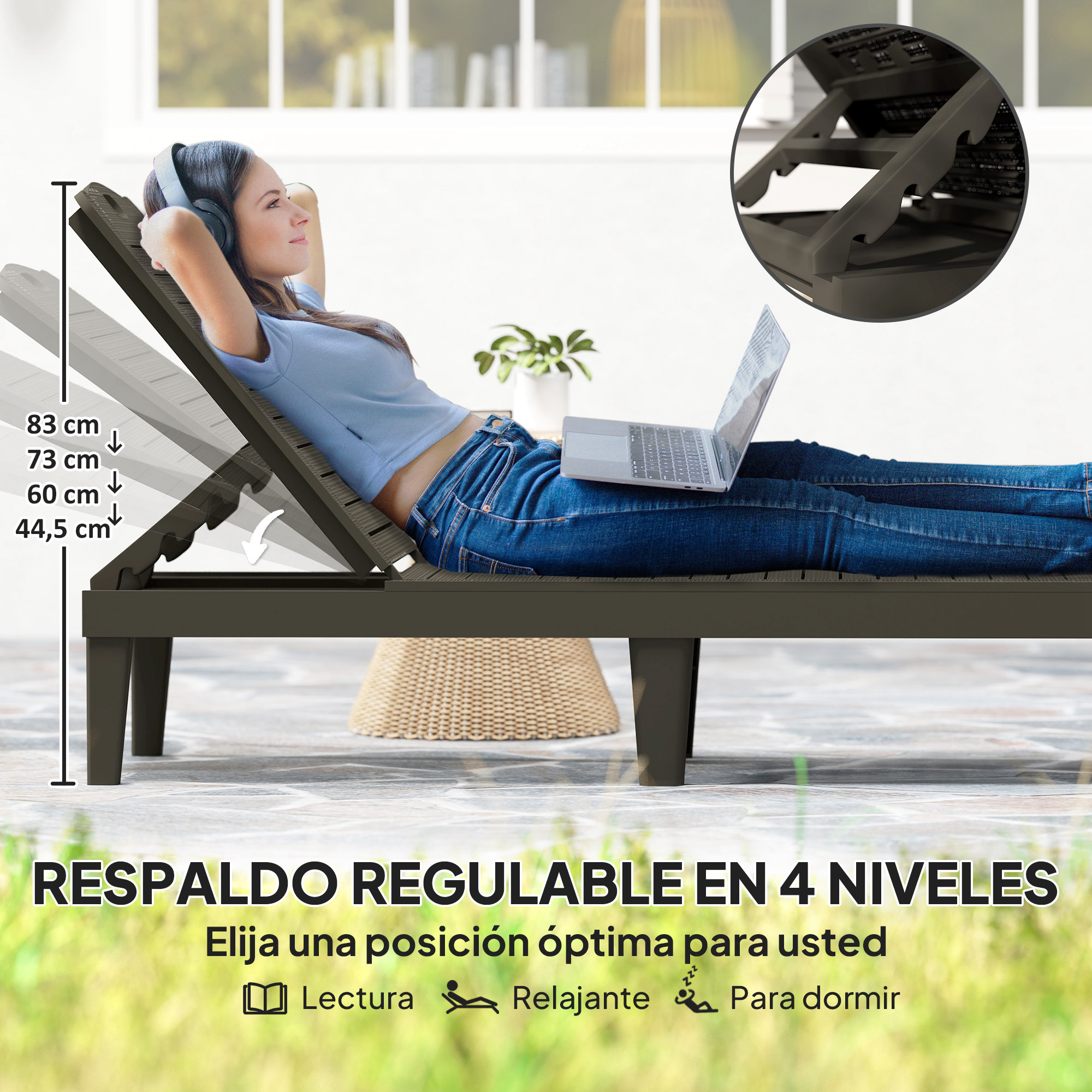 Una mujer con auriculares se relaja en una tumbona con un portátil.