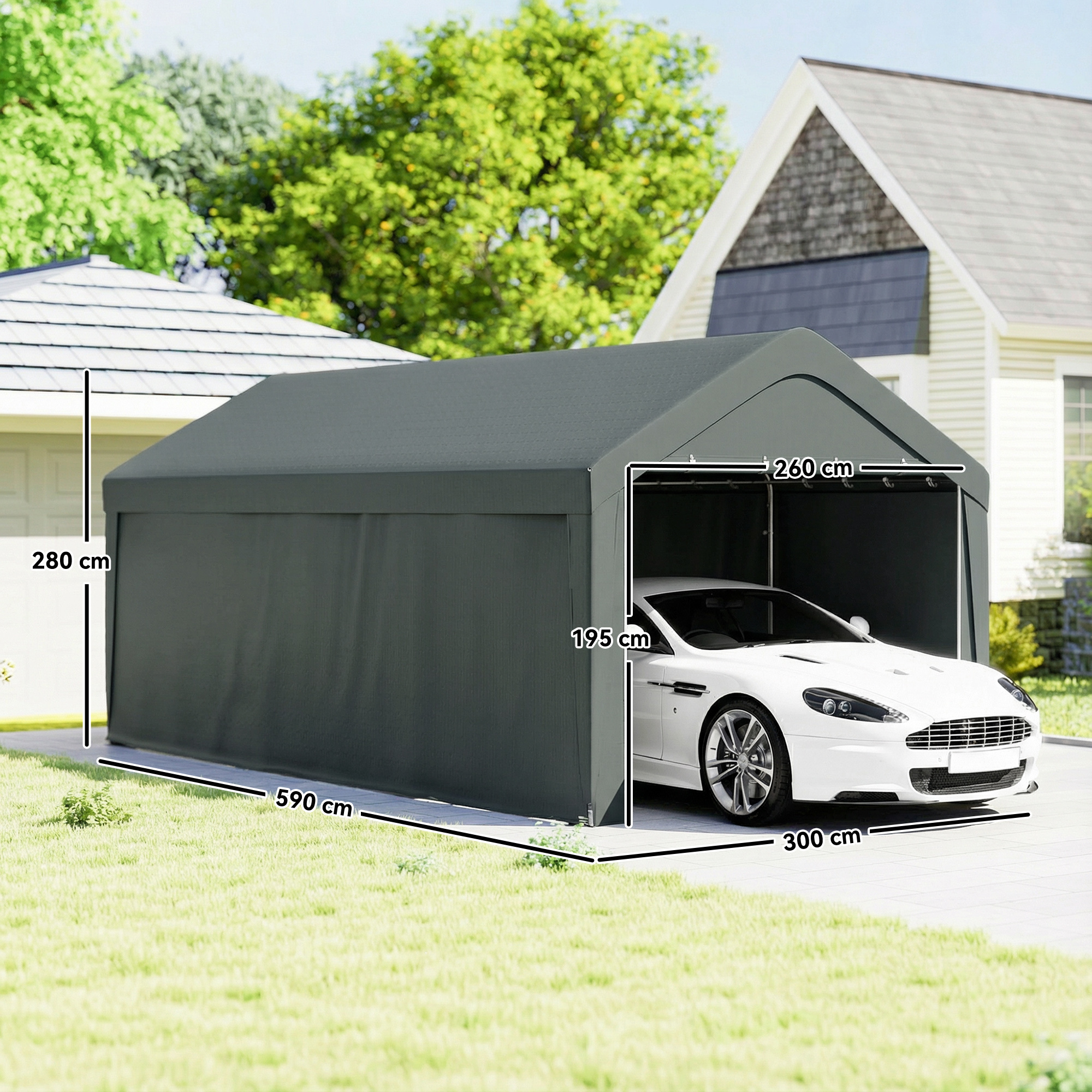 Un coche deportivo blanco aparcado dentro de un gran garaje de color gris oscuro con dimensiones.