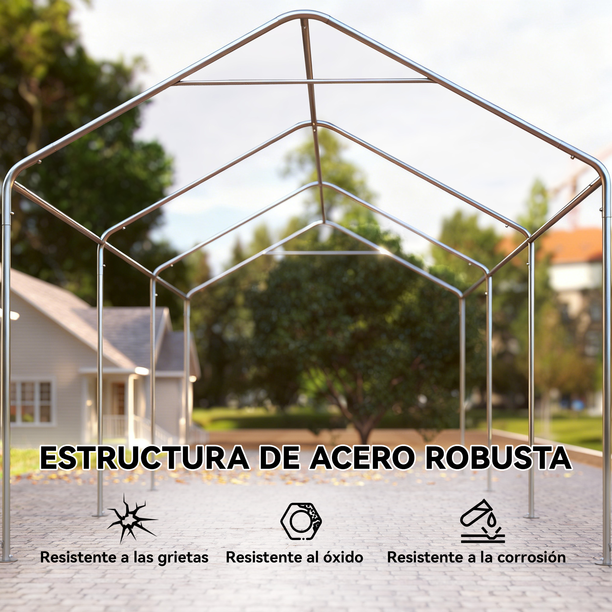 Estructura de acero robusta con tres iconos de resistencia.