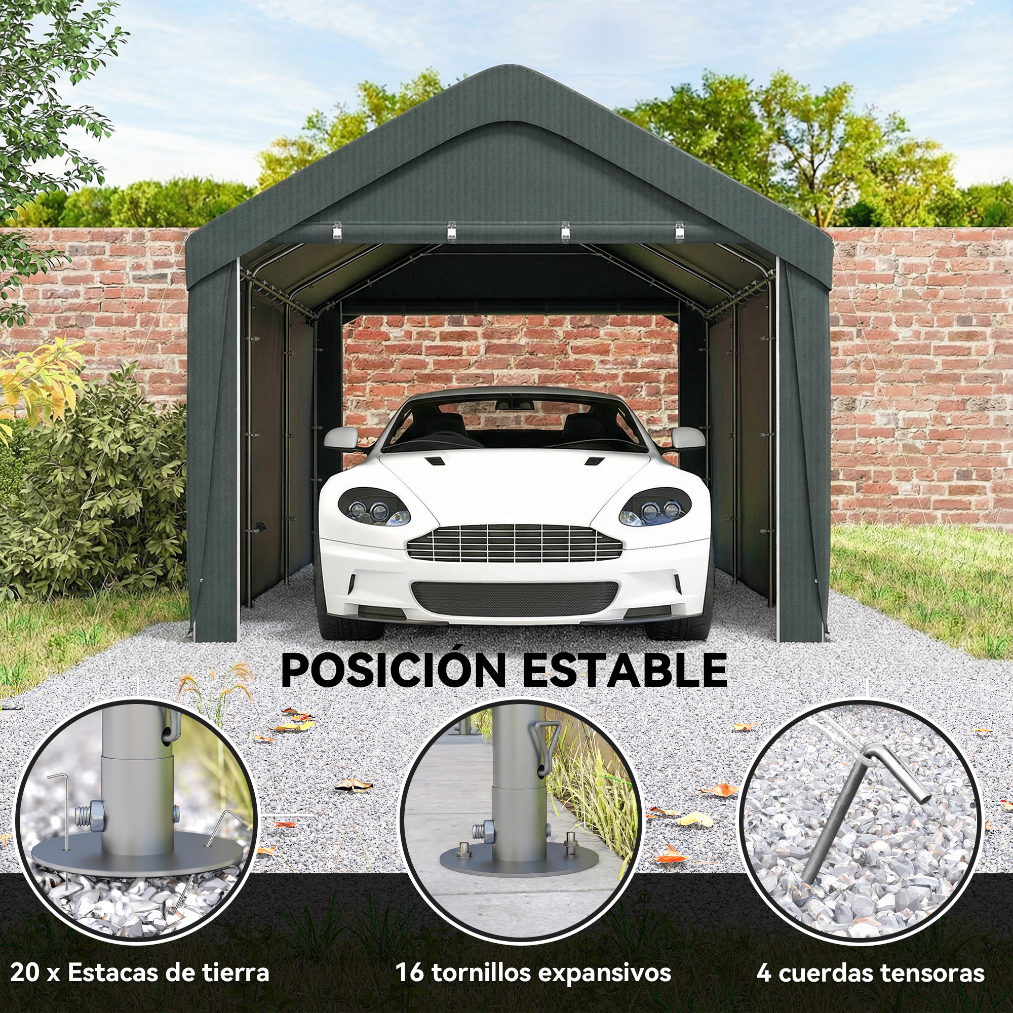 Un coche blanco está aparcado bajo una carpa oscura con pared de ladrillos detrás.