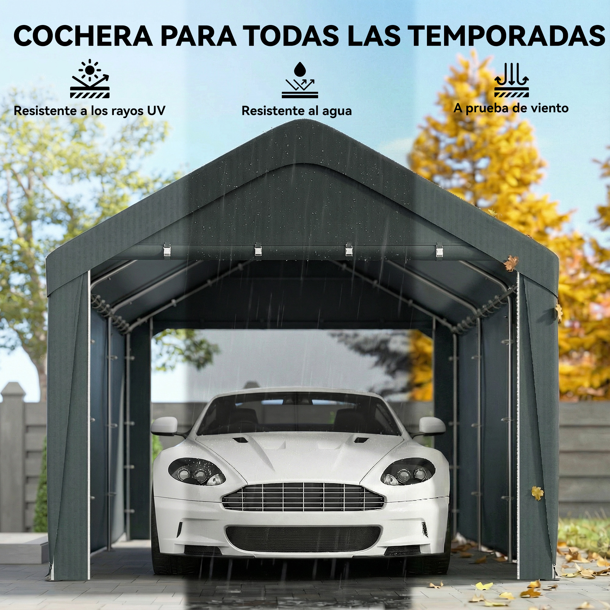 Un coche blanco está aparcado bajo un cobertizo oscuro con lluvia. Hay hojas esparcidas.