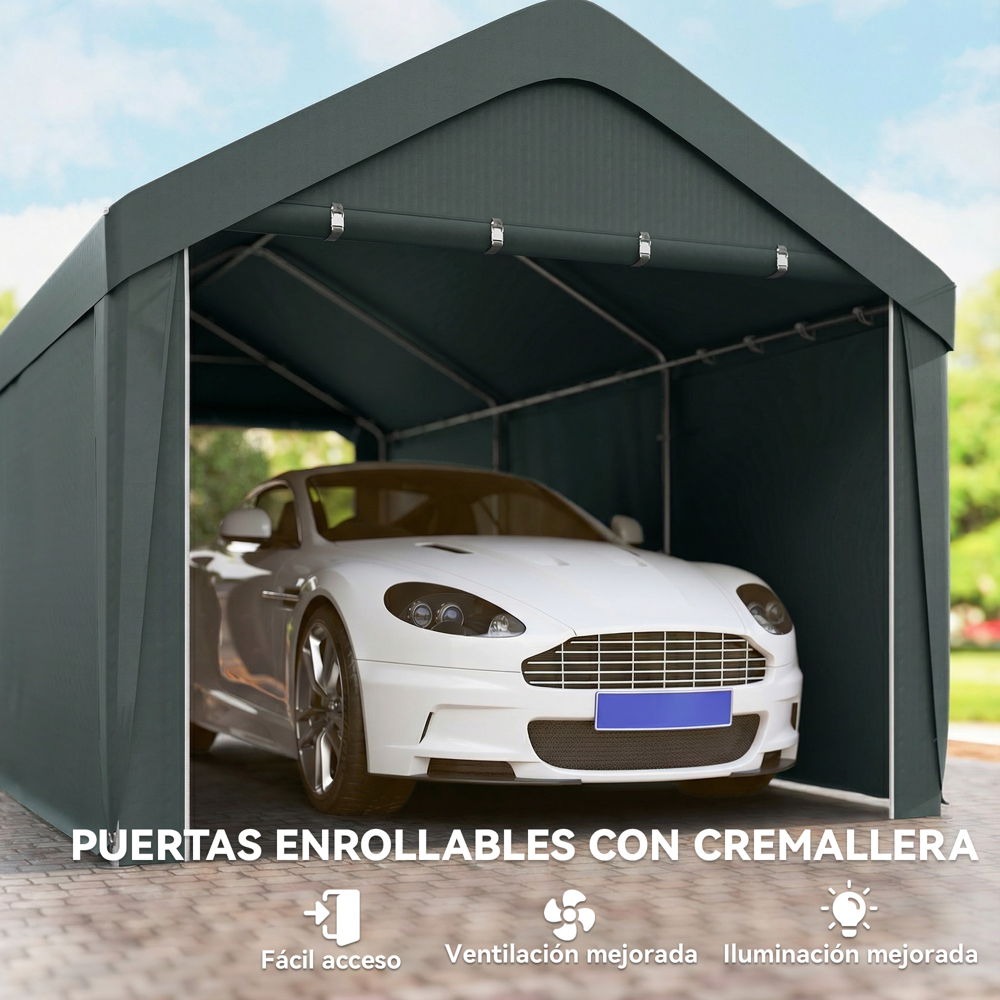 Un coche blanco está aparcado dentro de un garaje de carpa oscuro.