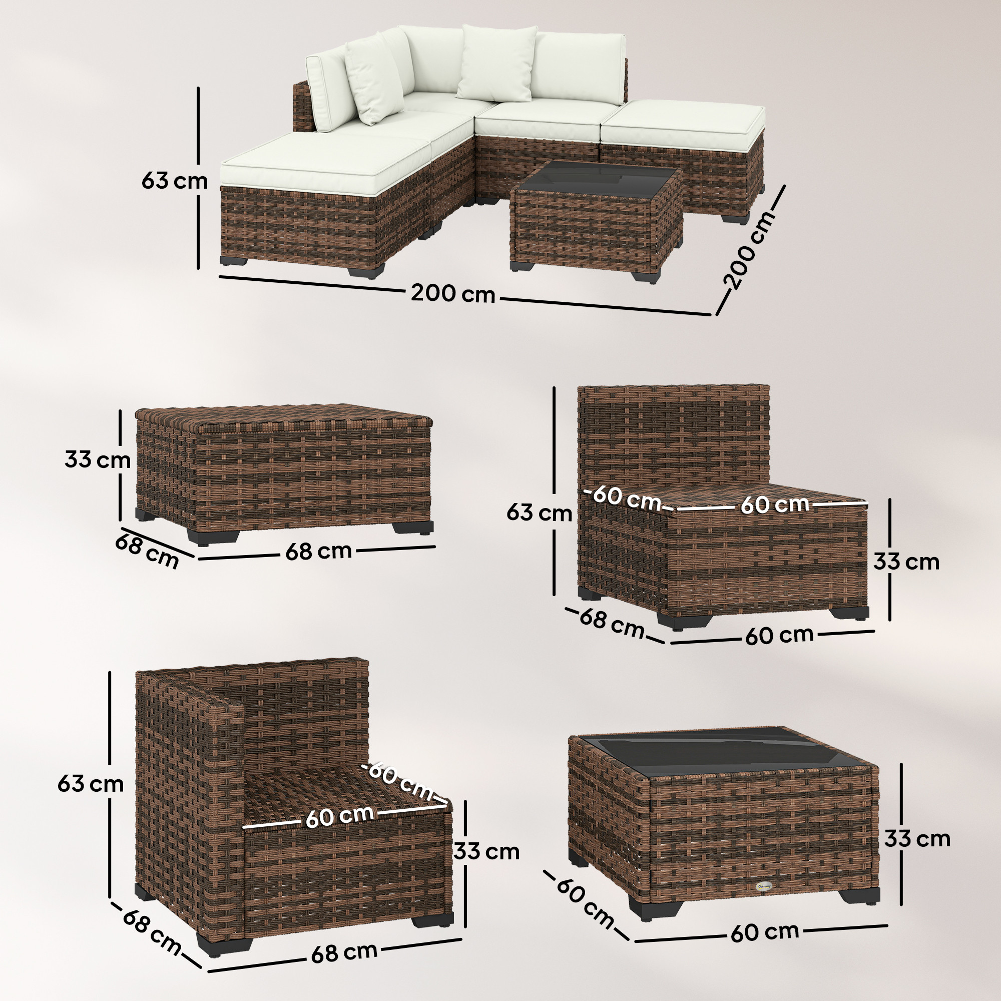Muebles de ratán marrón: sofá seccional, mesas de centro, sillón con dimensiones.