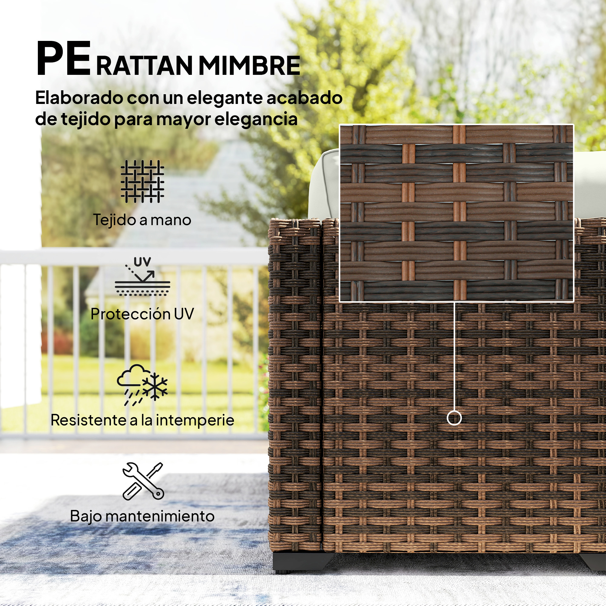 Muebles de ratán con tejido a mano, protección UV y resistentes.