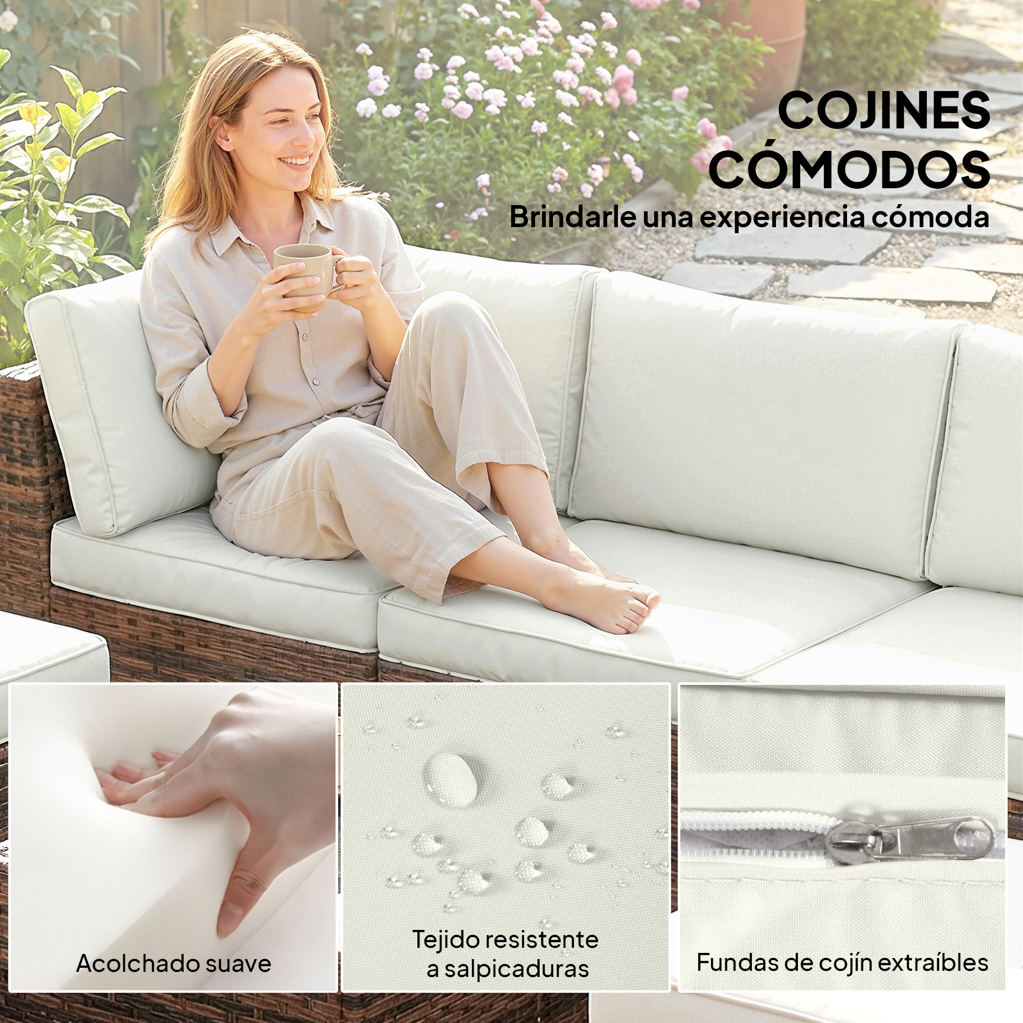 Mujer sentada en sofá de exterior con cojines beige. Primeros planos muestran espuma, tela resistente.