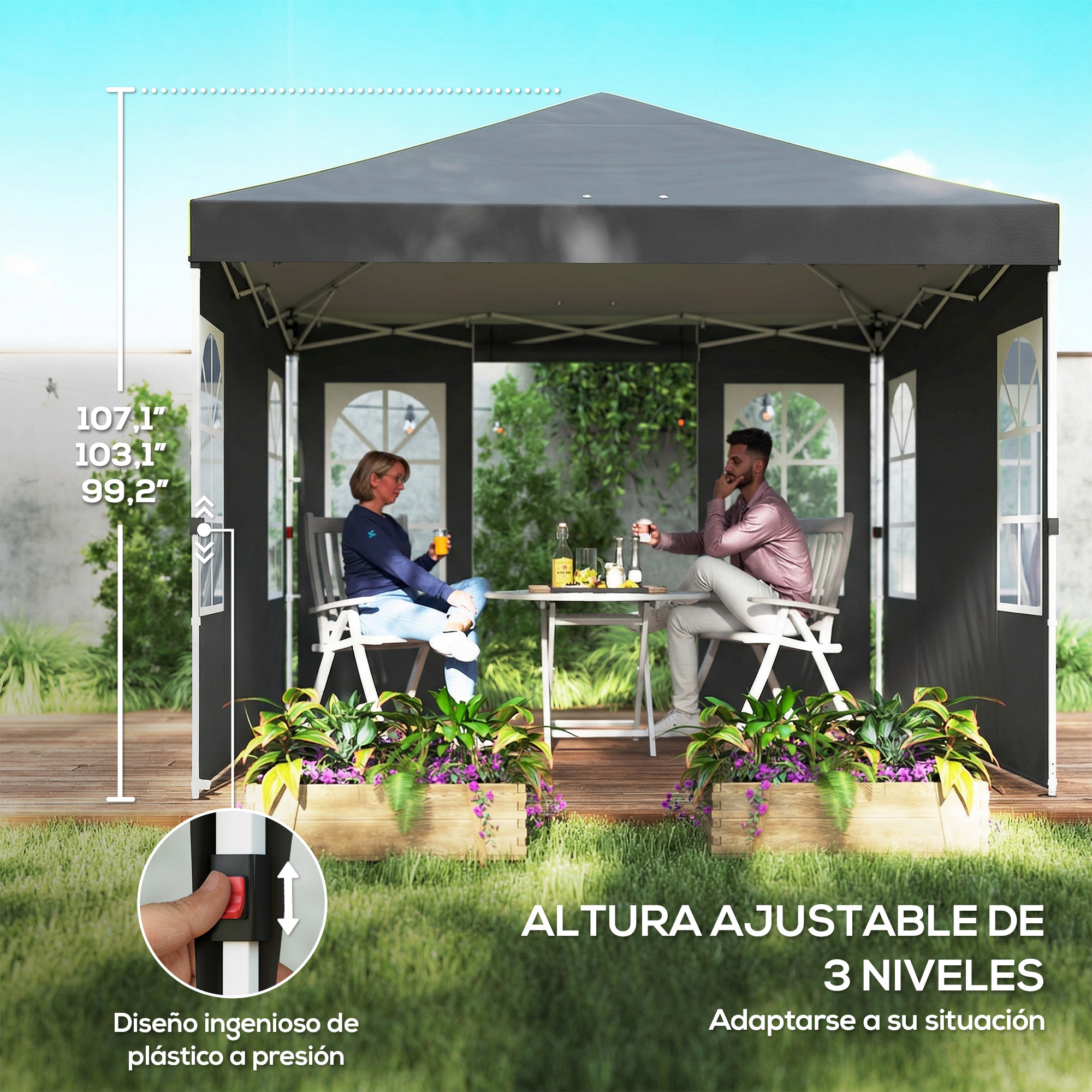 Una pareja se sienta bajo un cenador negro con mesa y plantas.