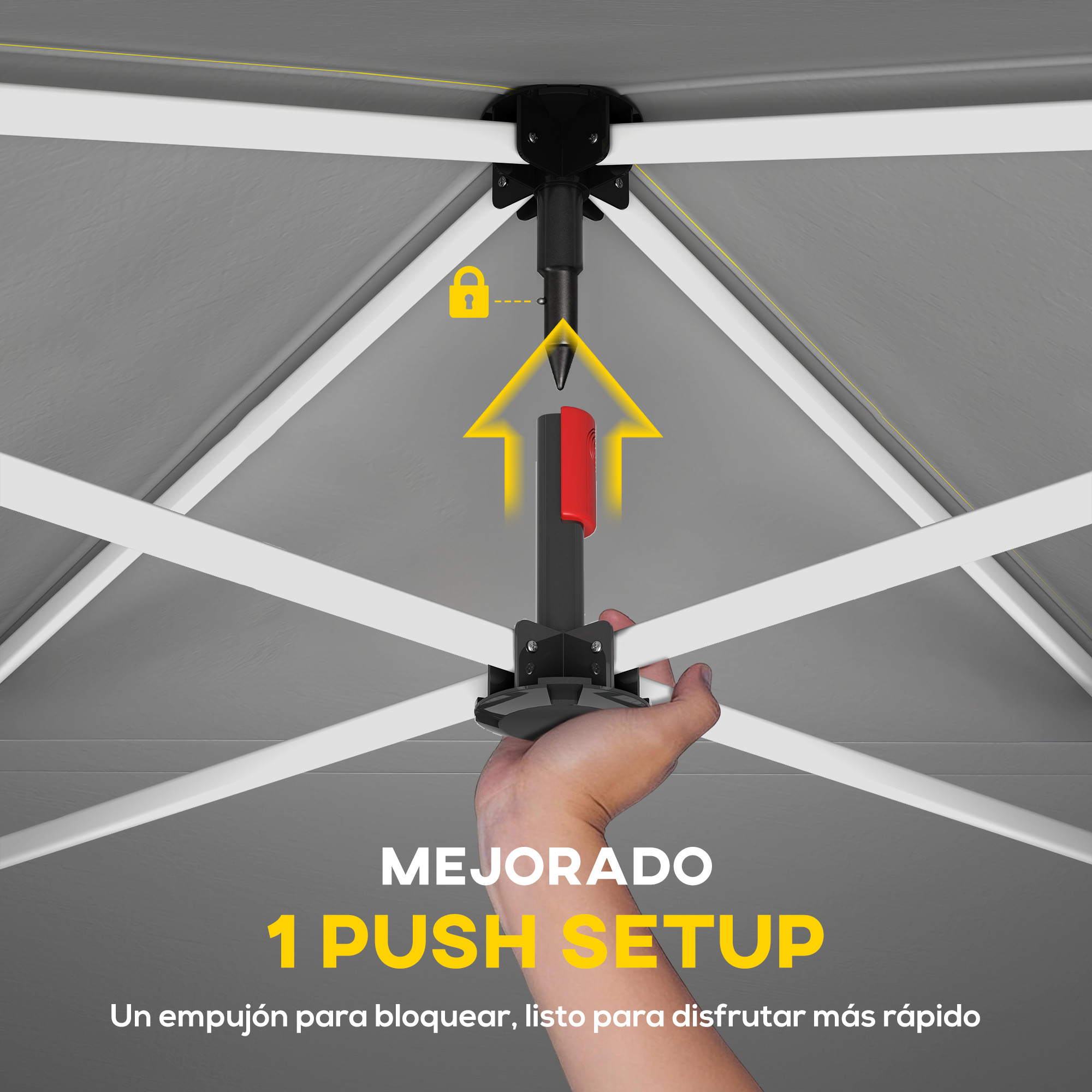 Una mano empuja un botón rojo en la estructura de una carpa para armarla.