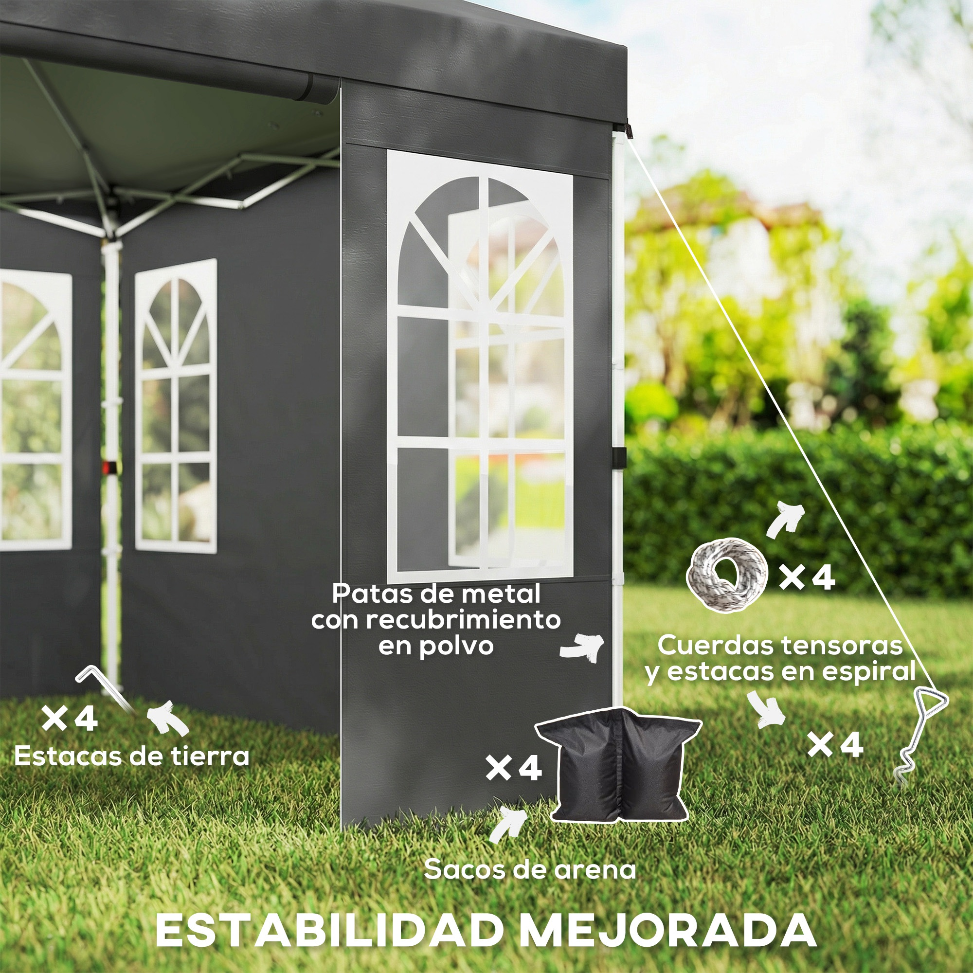 Tienda con ventanas, estacas de tierra, sacos de arena y cuerdas con estacas.