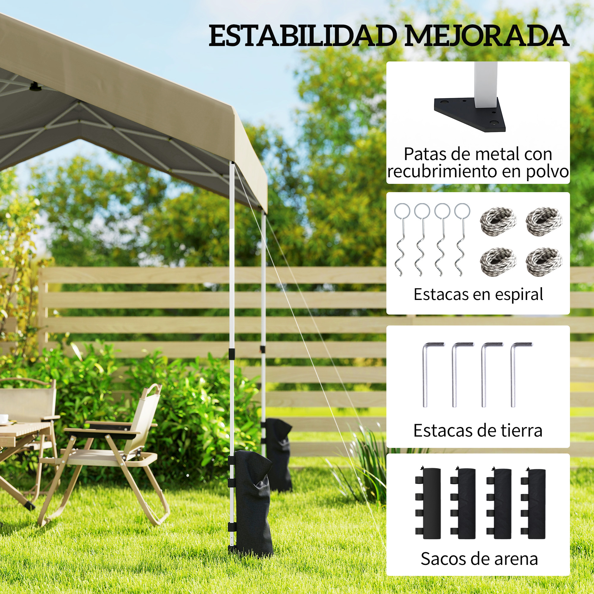 Un toldo beige con postes blancos sobre césped. Accesorios mostrados a su lado.
