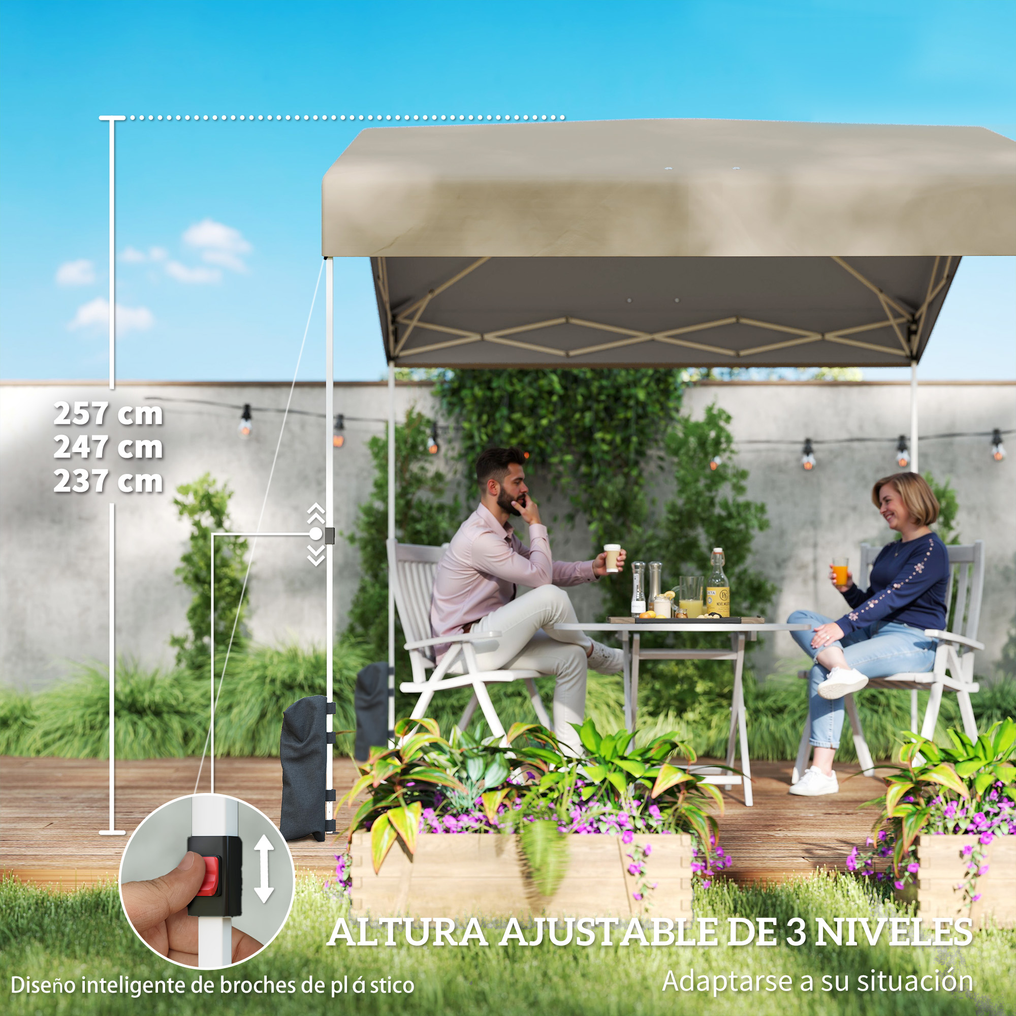 Dos personas sentadas bajo un toldo exterior. Se ven medidas de altura.