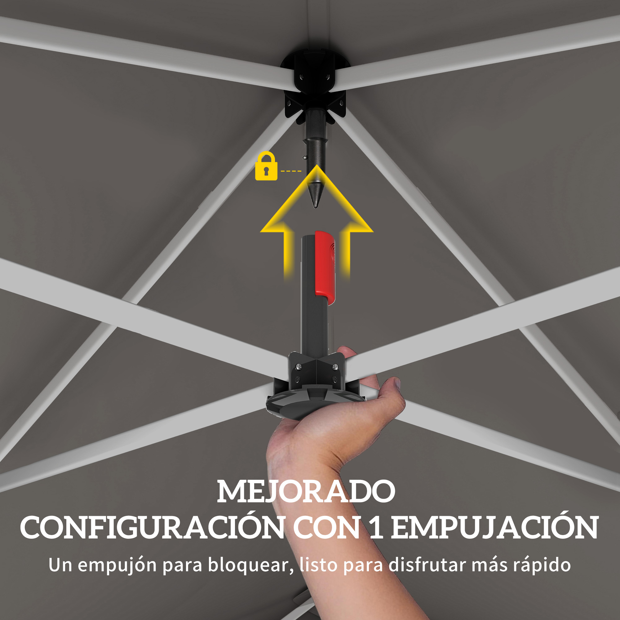Una mano empuja una palanca roja para montar una carpa.