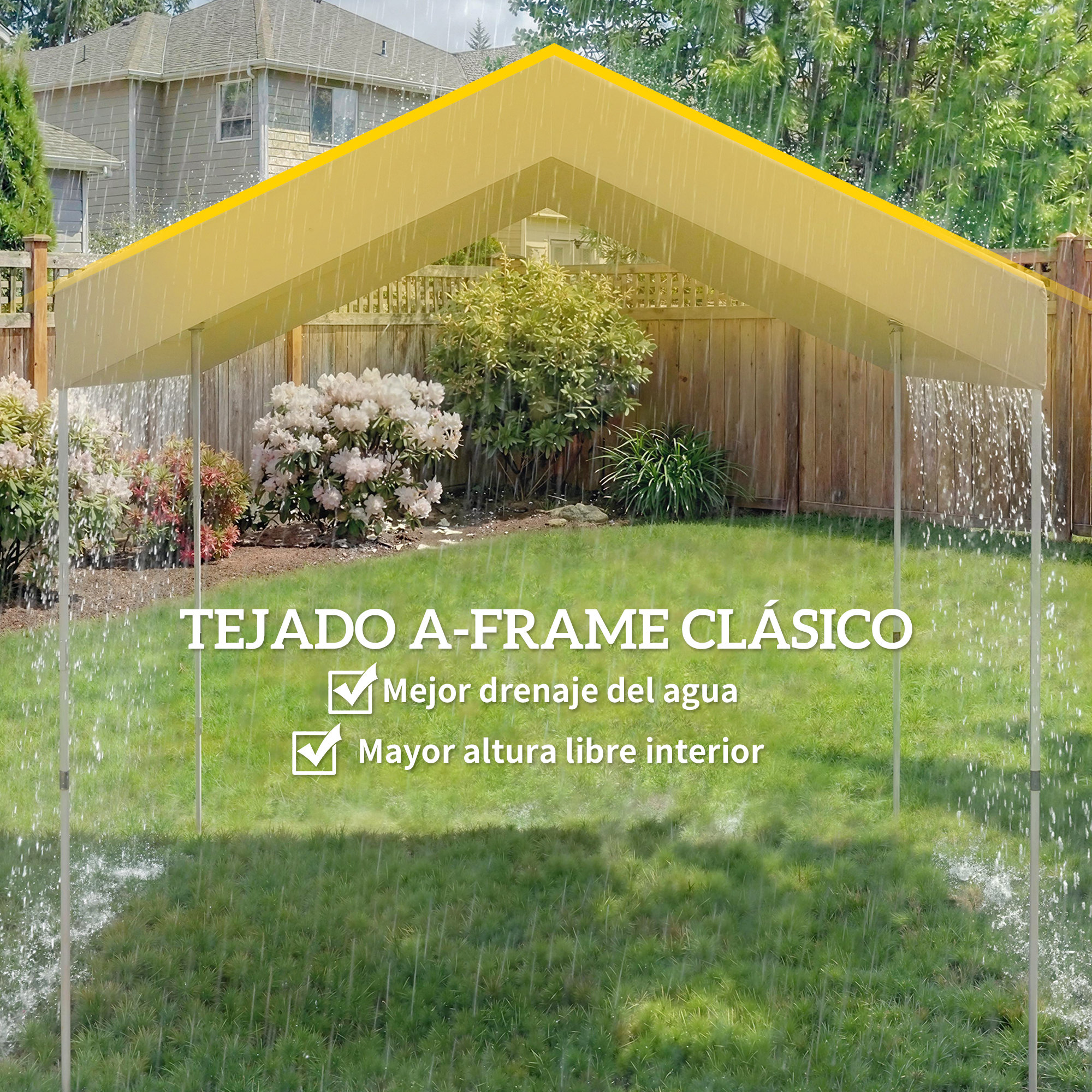 Un techo amarillo A-Frame bajo la lluvia en un césped con flores.