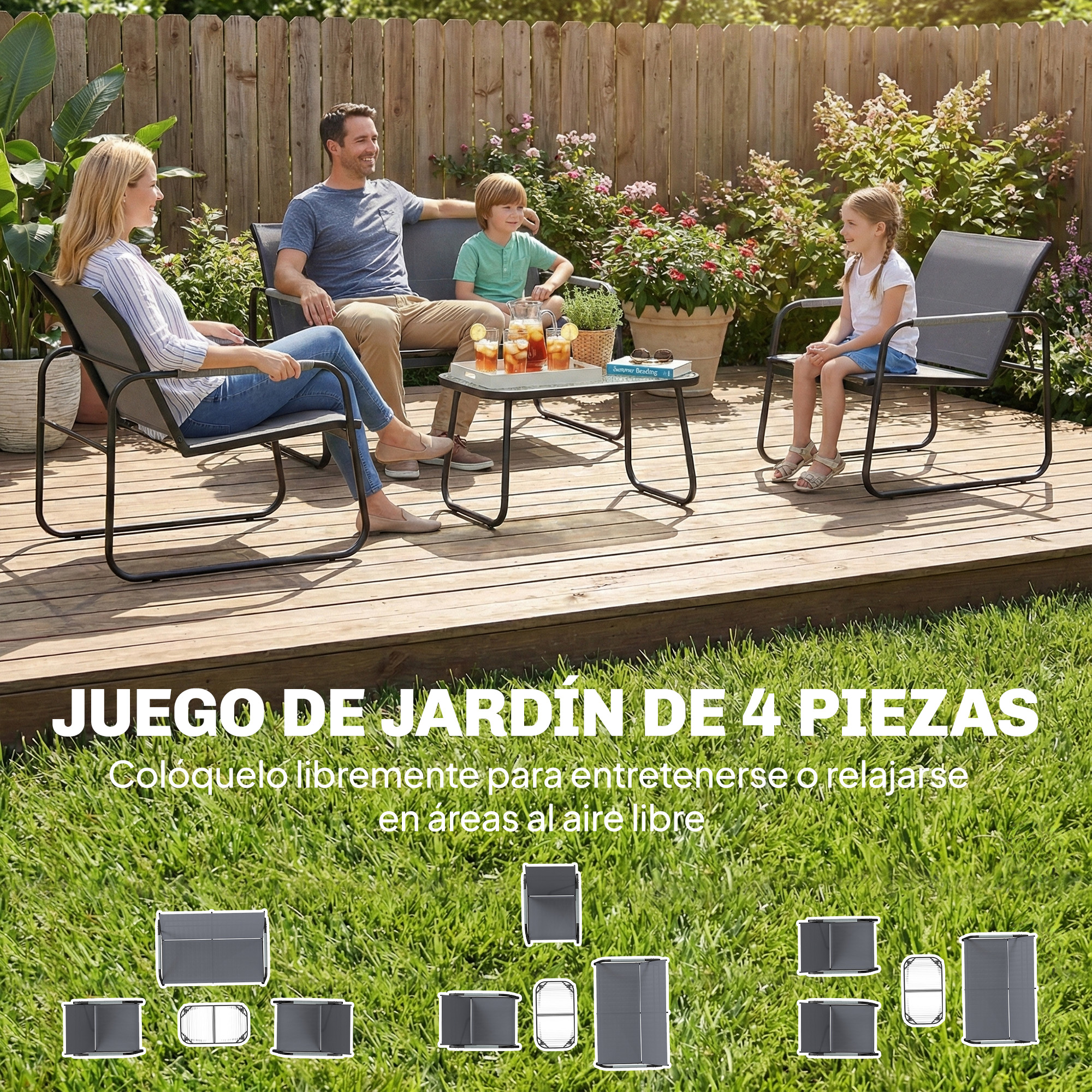 Familia relajándose en el jardín sobre una terraza de madera con muebles.