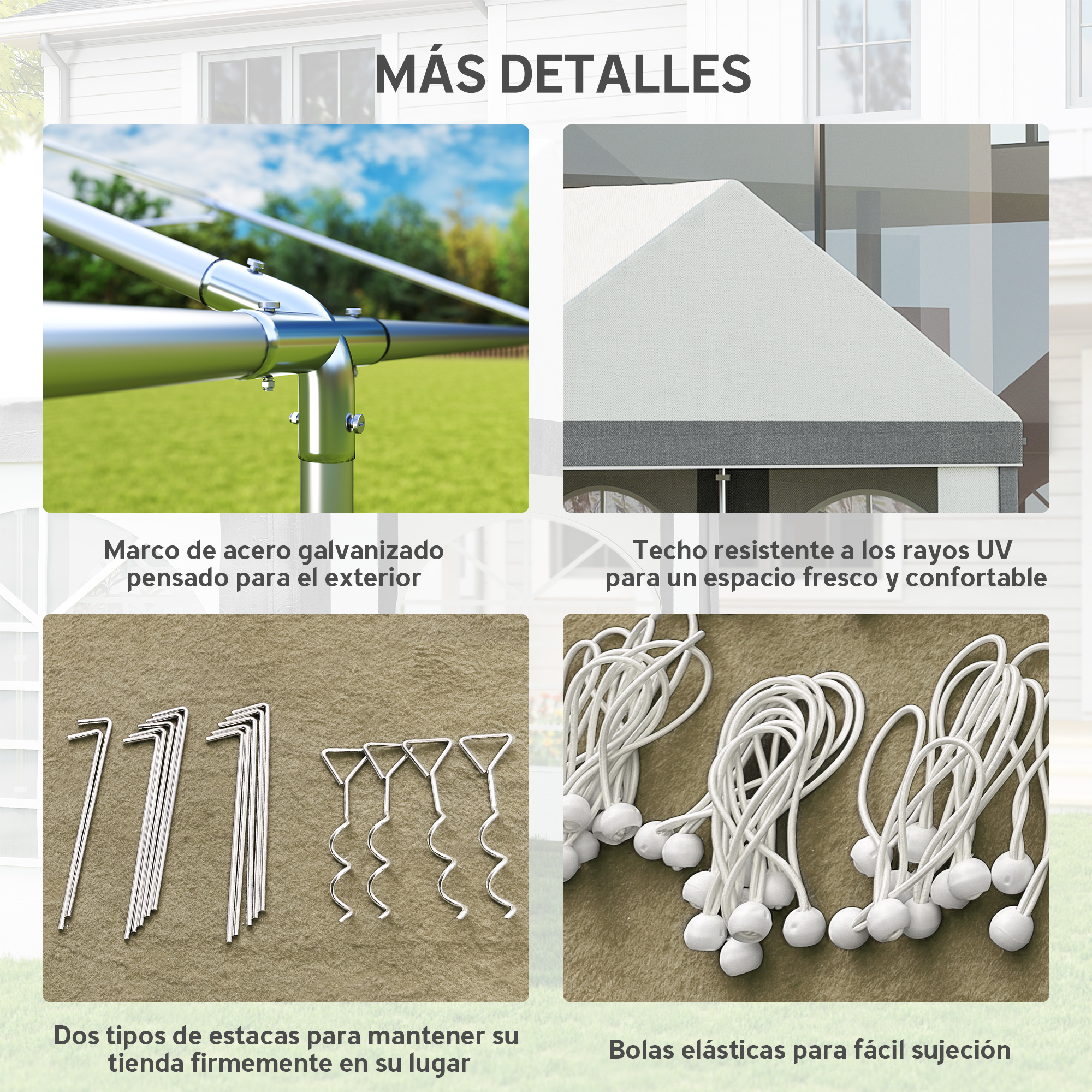 Detalles de una tienda: marco galvanizado, techo UV, estacas y cuerdas elásticas.