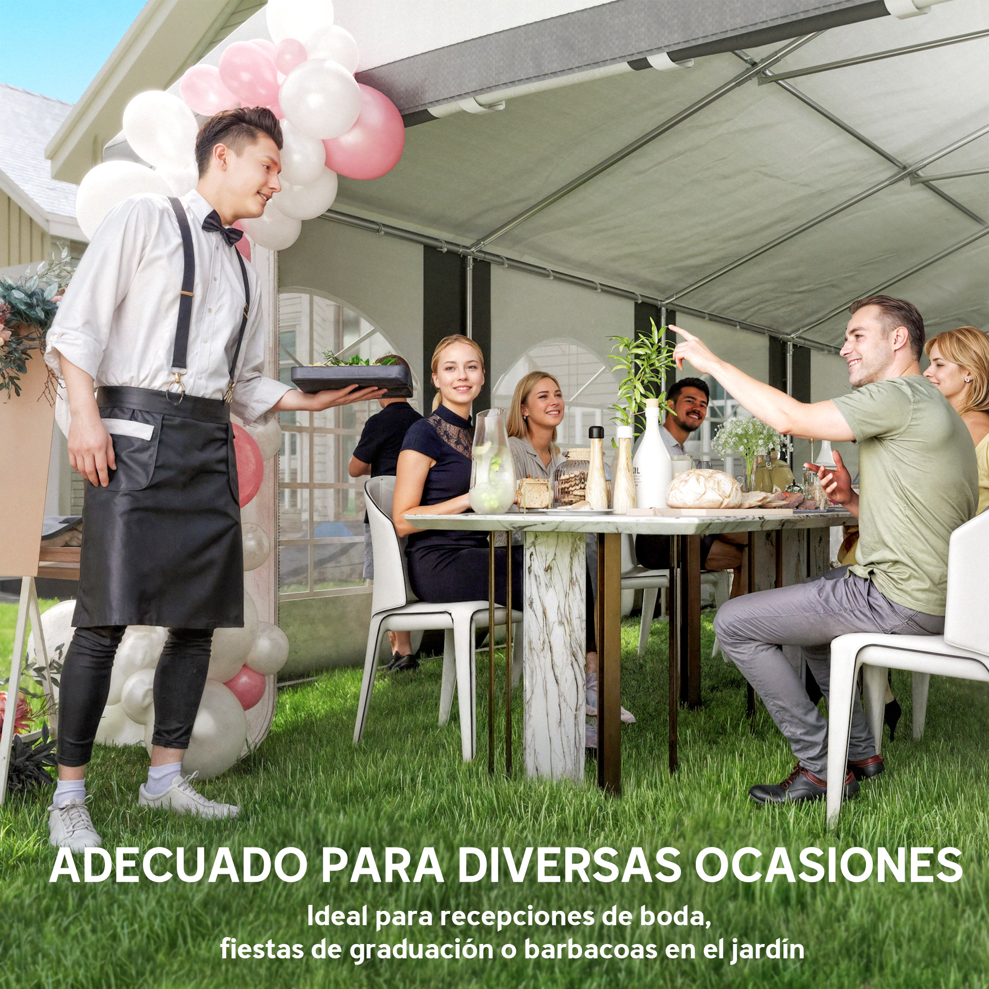 Un camarero con camisa blanca y delantal negro sirve comida en una mesa exterior.
