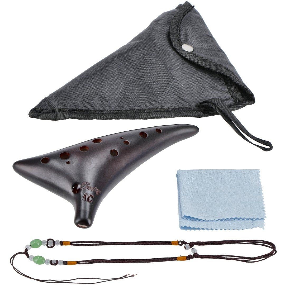 Dark brown ocarina with holes, a black case, blue cloth, and beaded necklace.