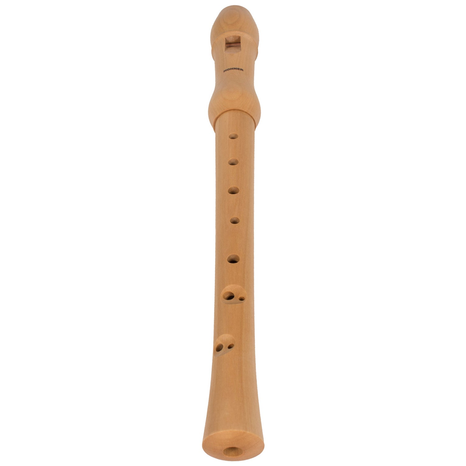 Een houten blokfluit met vingergaten en de merknaam HOHNER.