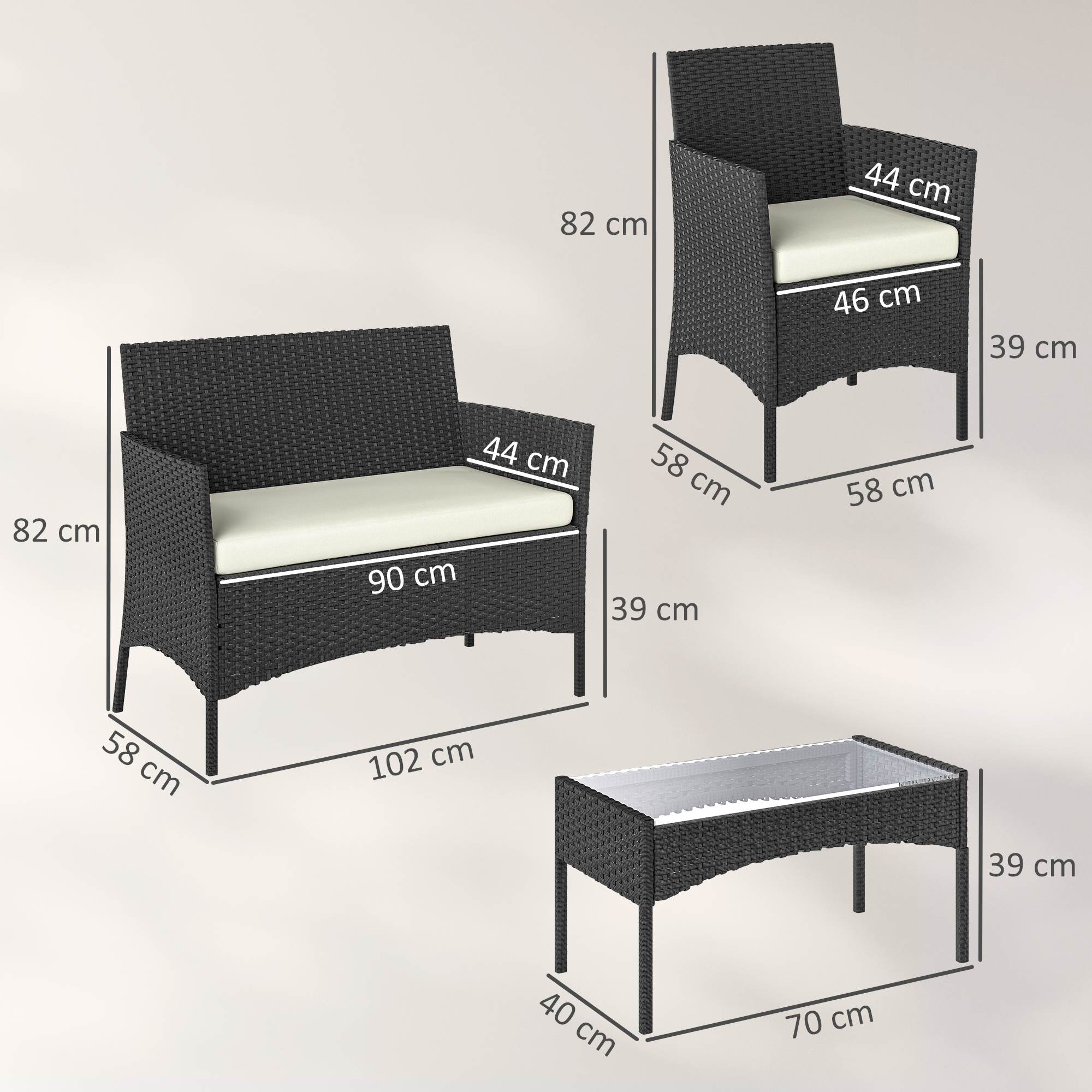 Sofá, sillón y mesa de mimbre marrón oscuro con dimensiones.