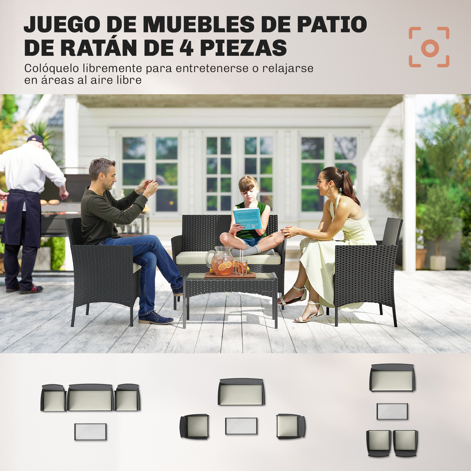 Un hombre toma una foto mientras una familia se sienta en un juego de muebles de patio de ratán.
