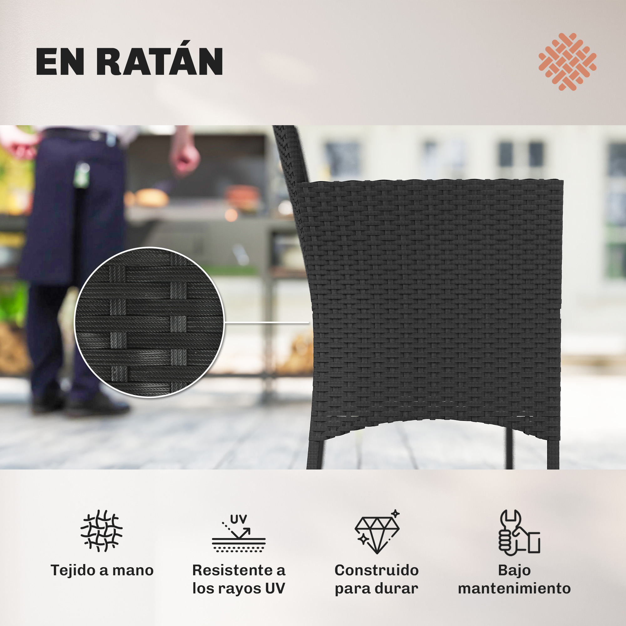 Silla de ratán negra con primer plano de textura tejida e iconos de artesanía.