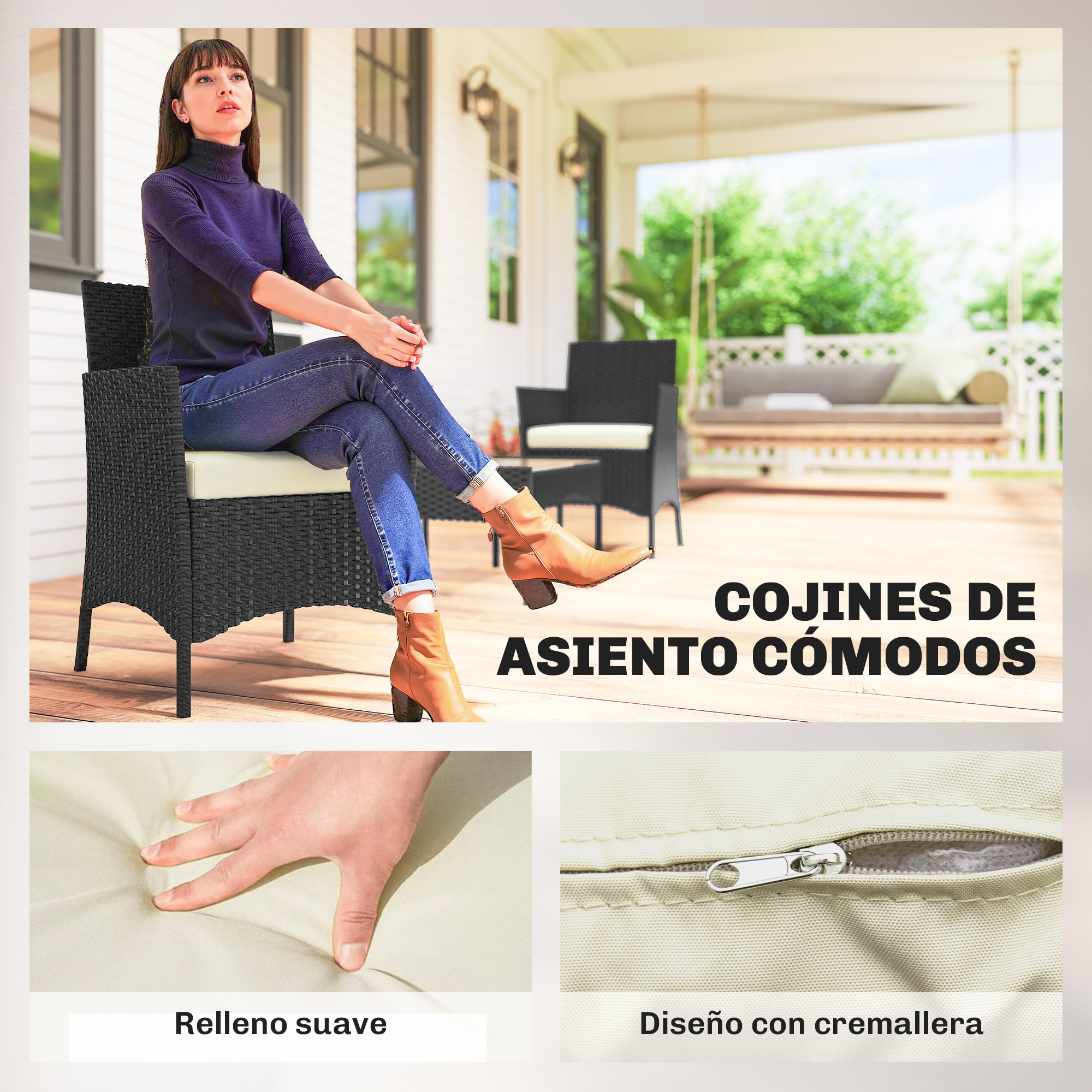 Mujer sentada en silla de ratán negra con cojín beige. Detalles muestran relleno y cremallera.