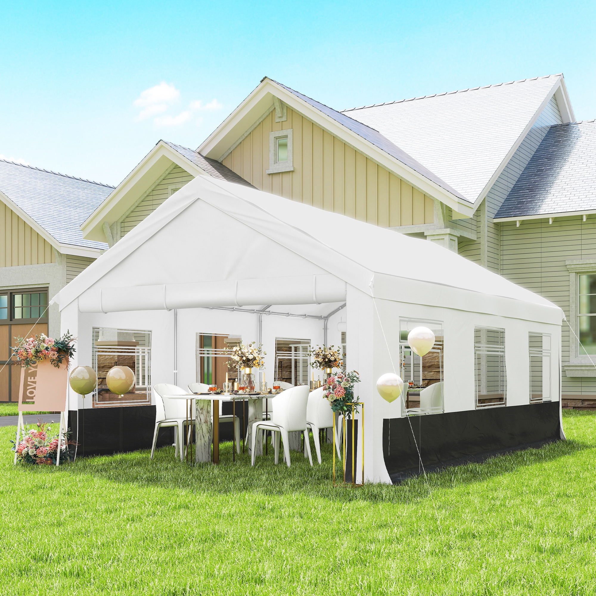 Una carpa blanca preparada para una celebración al aire libre.
