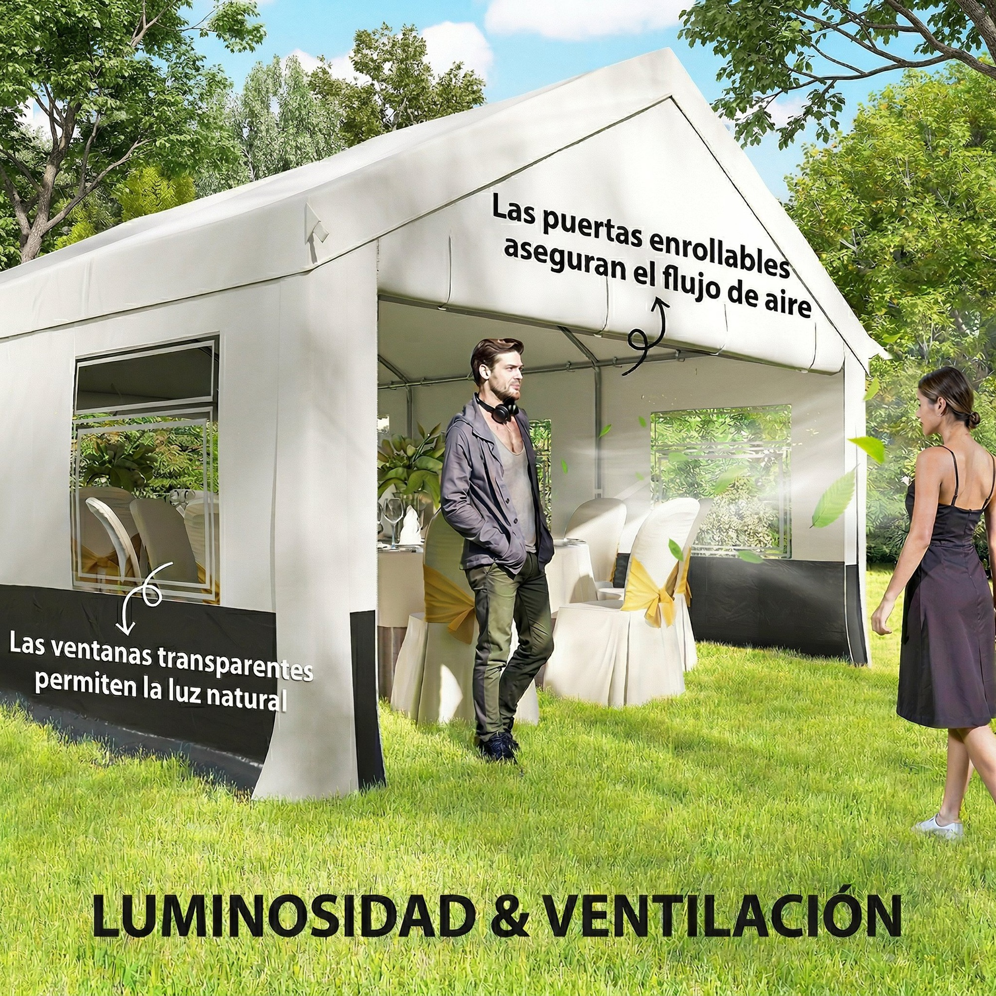Una carpa blanca con mesas y sillas, iluminada por luz natural.