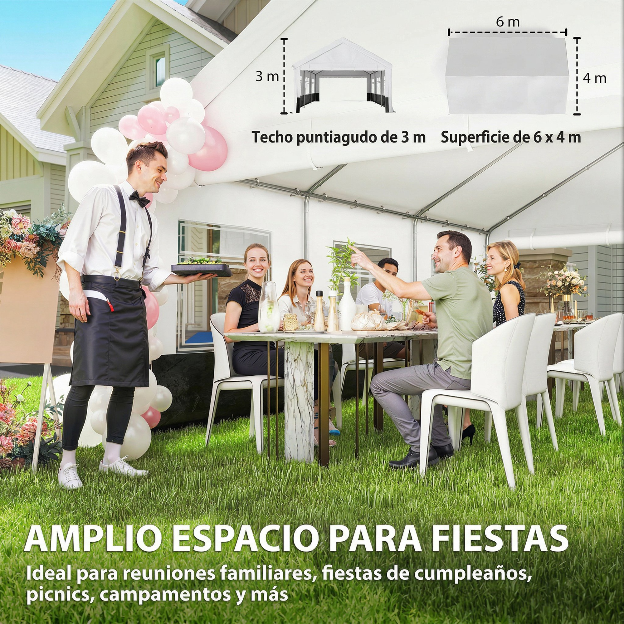 Un grupo de personas celebra al aire libre bajo una carpa blanca. Un camarero sirve comida.