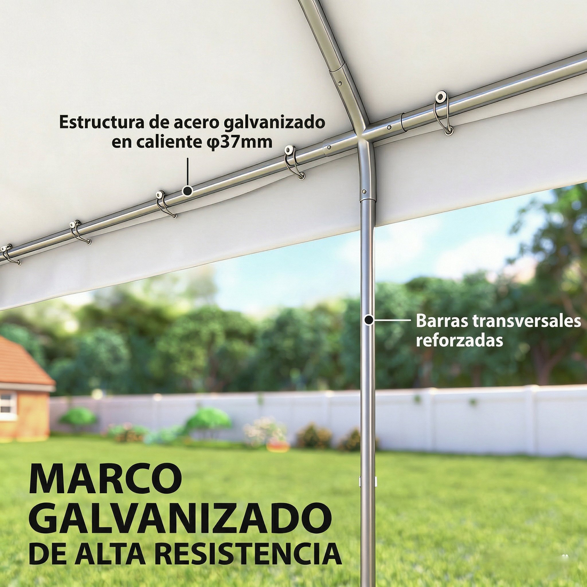 Carpa de estructura de acero con postes galvanizados y barras transversales.