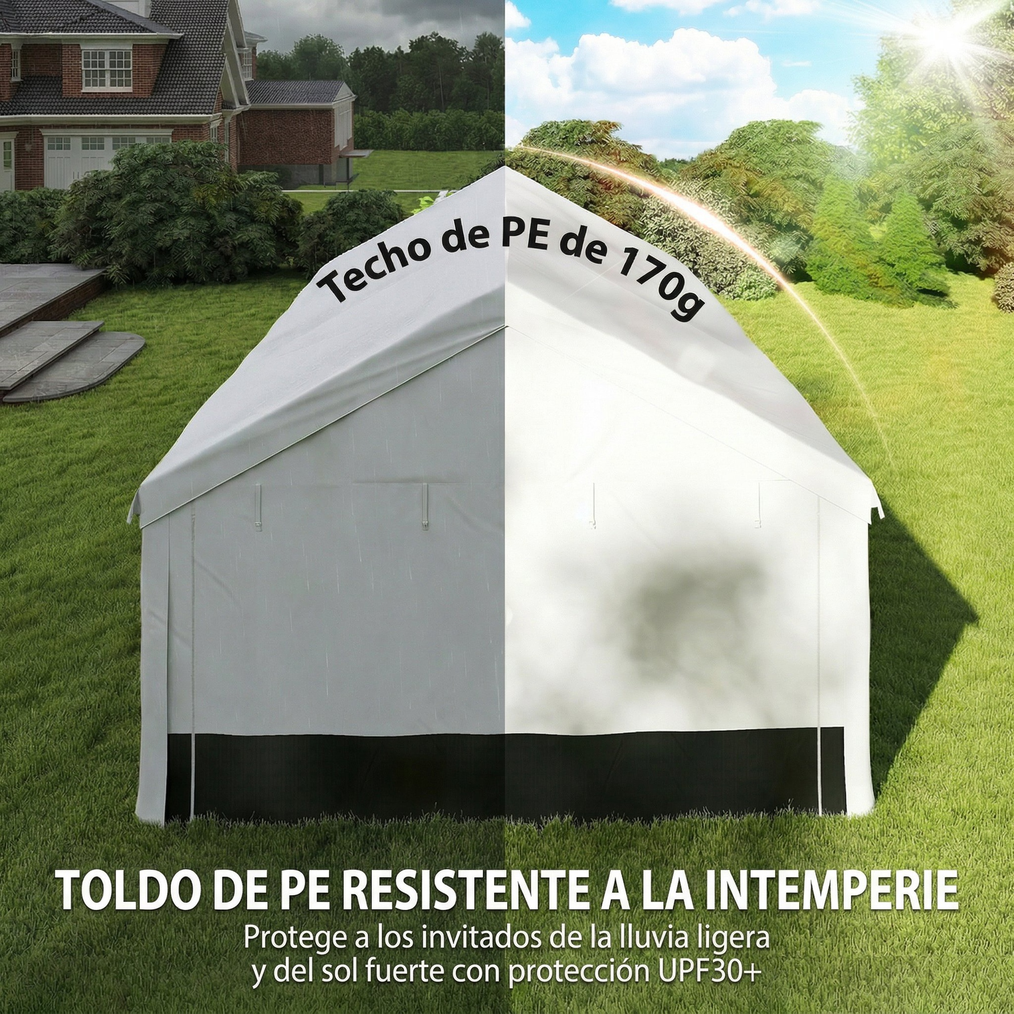 Una carpa blanca con techo de PE sobre césped, izquierda con lluvia, derecha con sol.