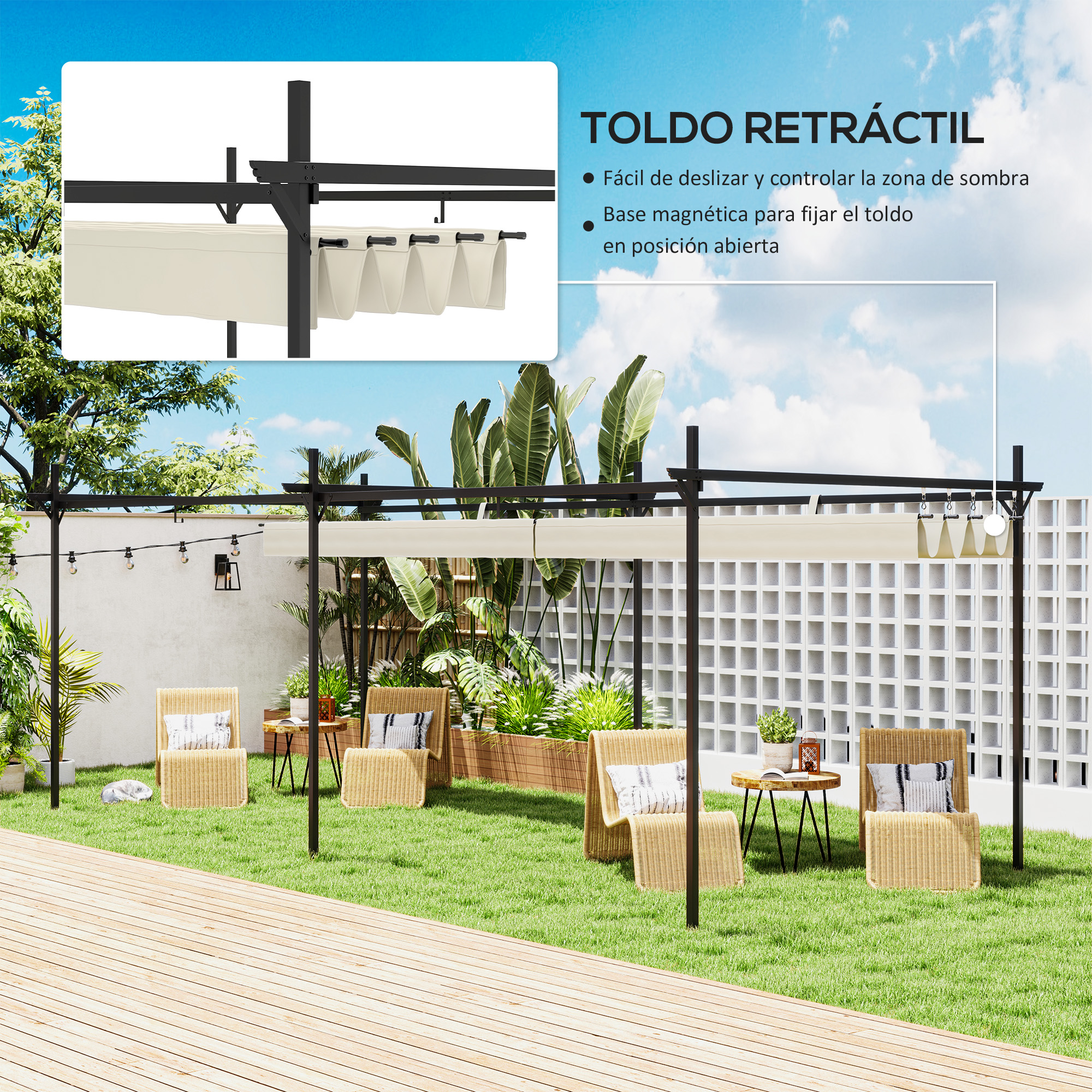 Un toldo retráctil sobre dos sillas de mimbre en un césped verde.