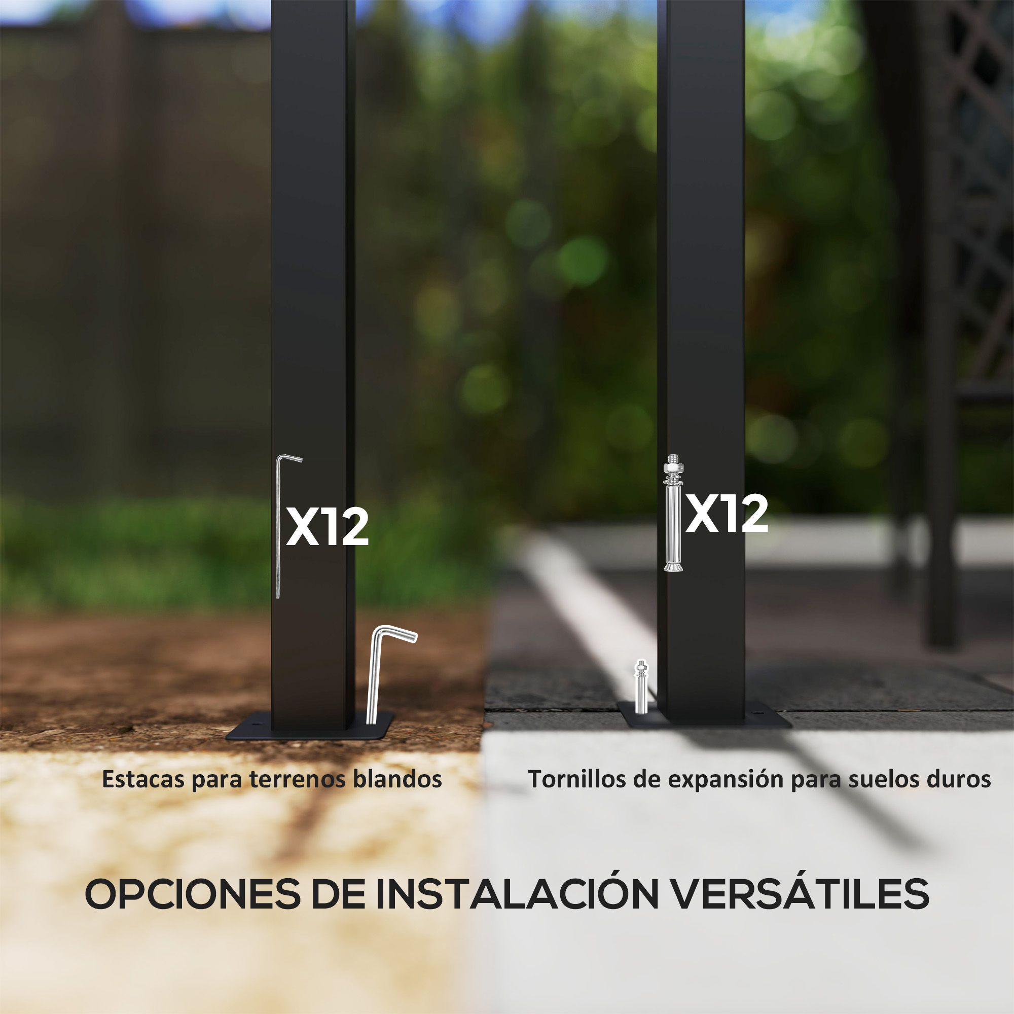 Postes negros muestran estacas para suelo blando y pernos de expansión para suelo duro.