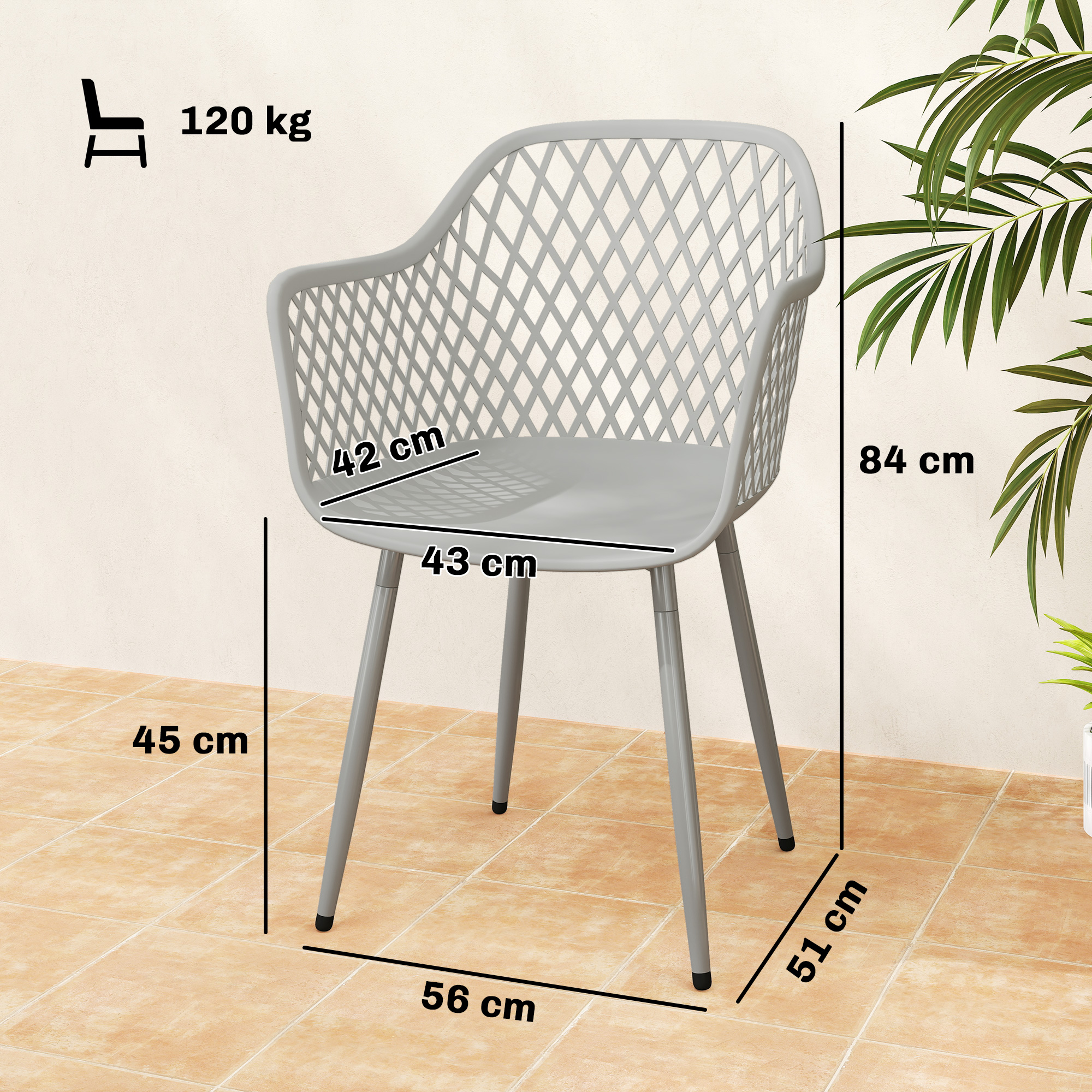 Silla gris con patrón de diamantes, dimensiones: 84x56x51cm, capacidad 120kg.