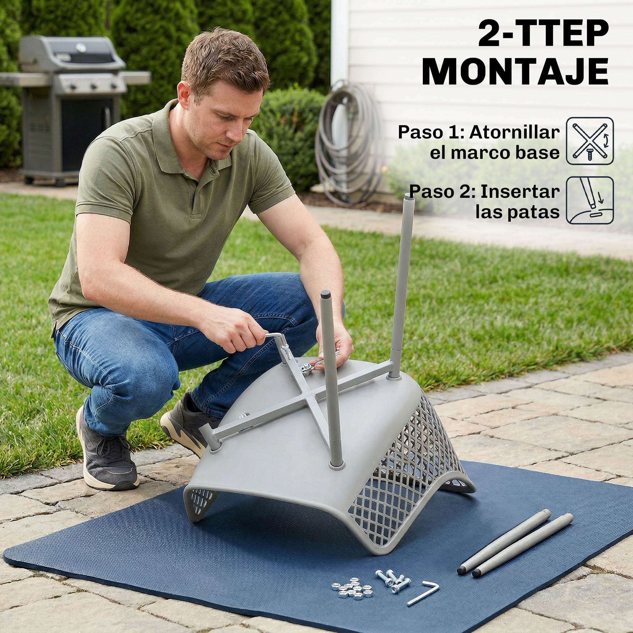 Hombre montando una silla al aire libre con herramientas y tornillos.