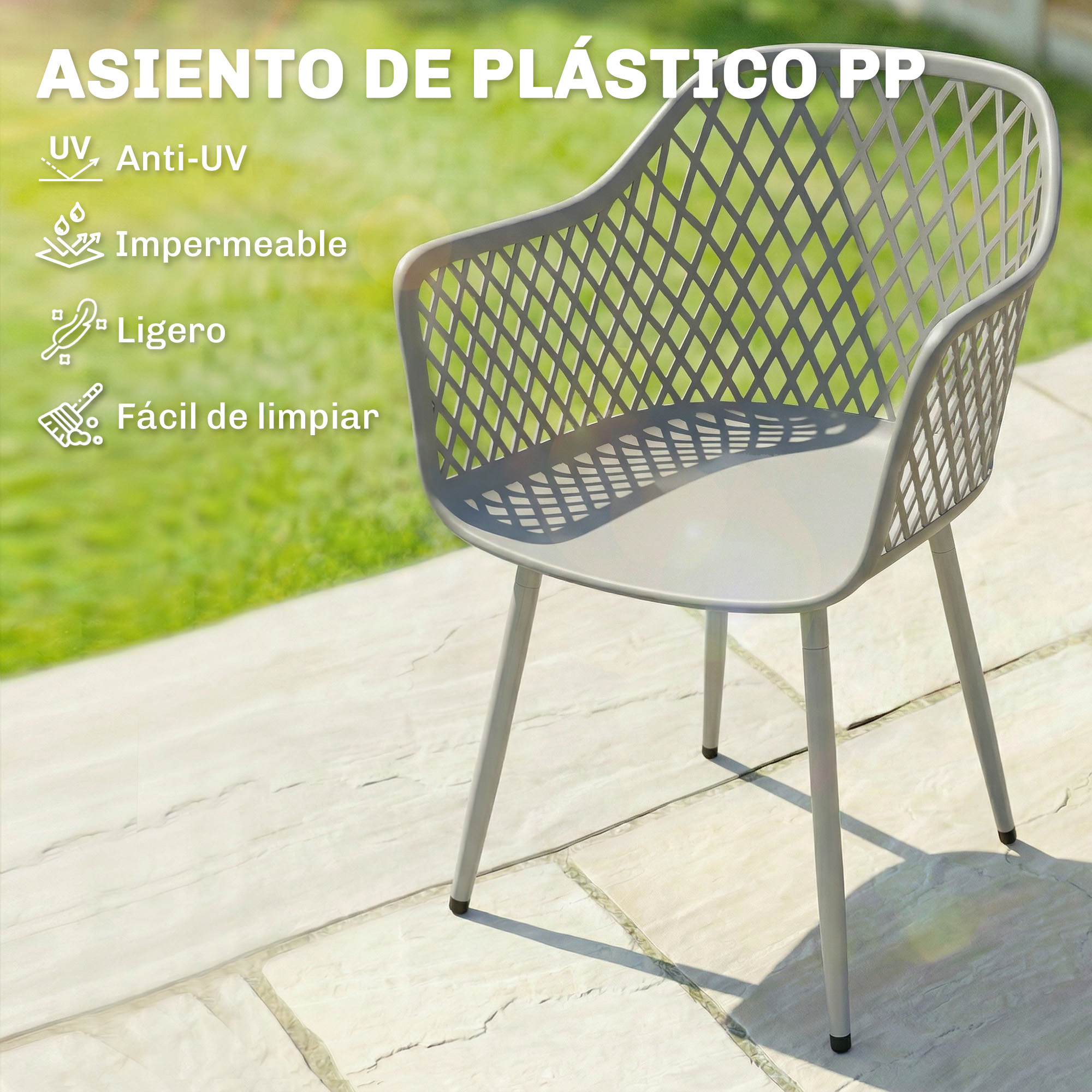 Silla de plástico gris con diseño de diamantes, sobre patio de piedra