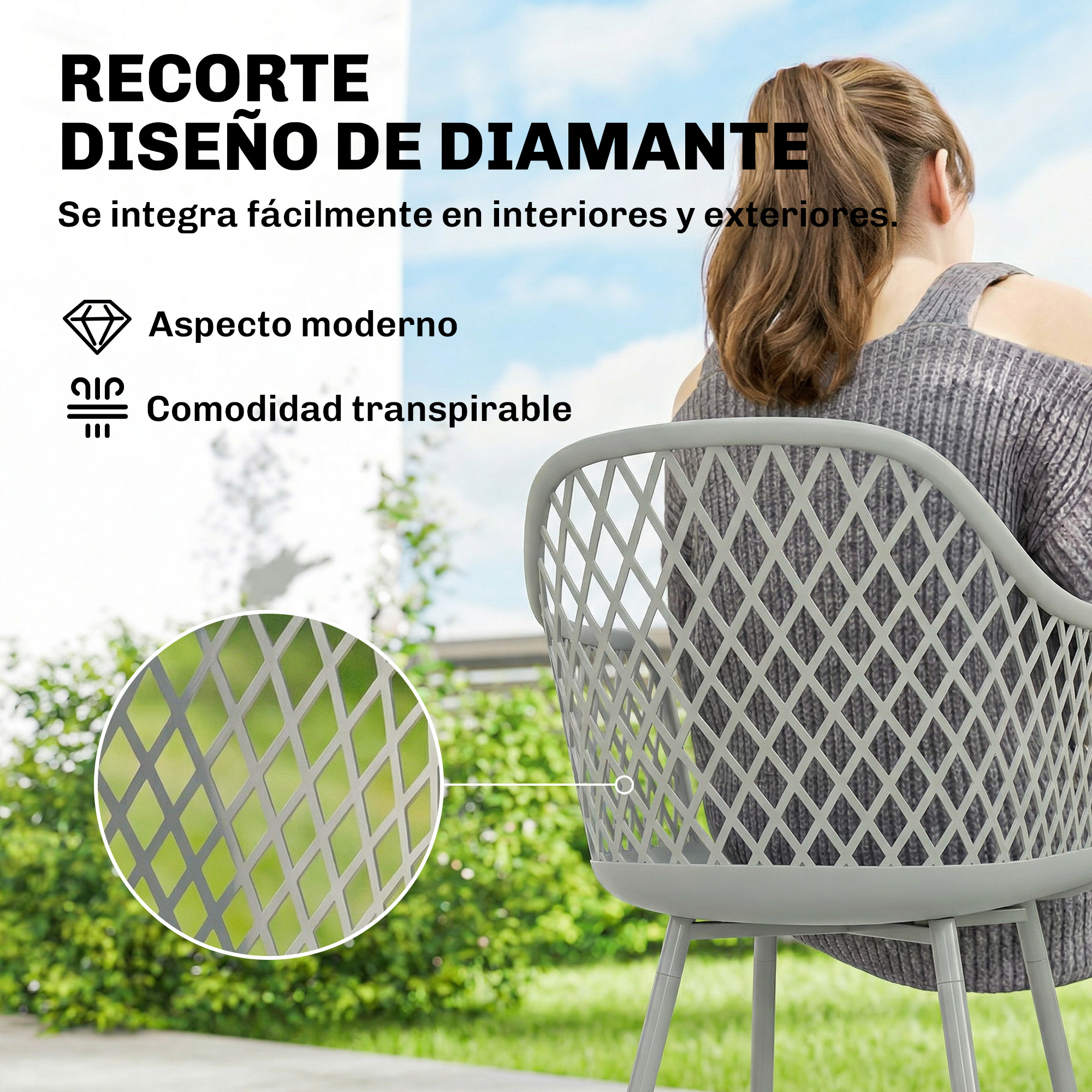 Una mujer con coleta se sienta en una silla gris con diseño de rombos.