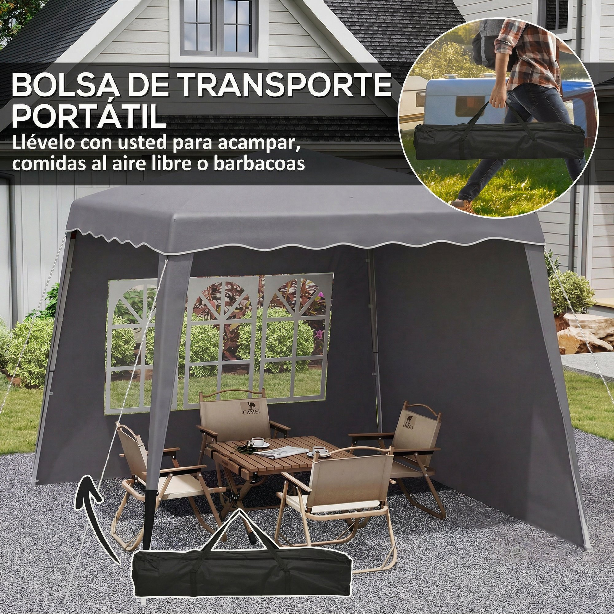 Lona gris con mesa y sillas, bolsa de transporte negra al frente.